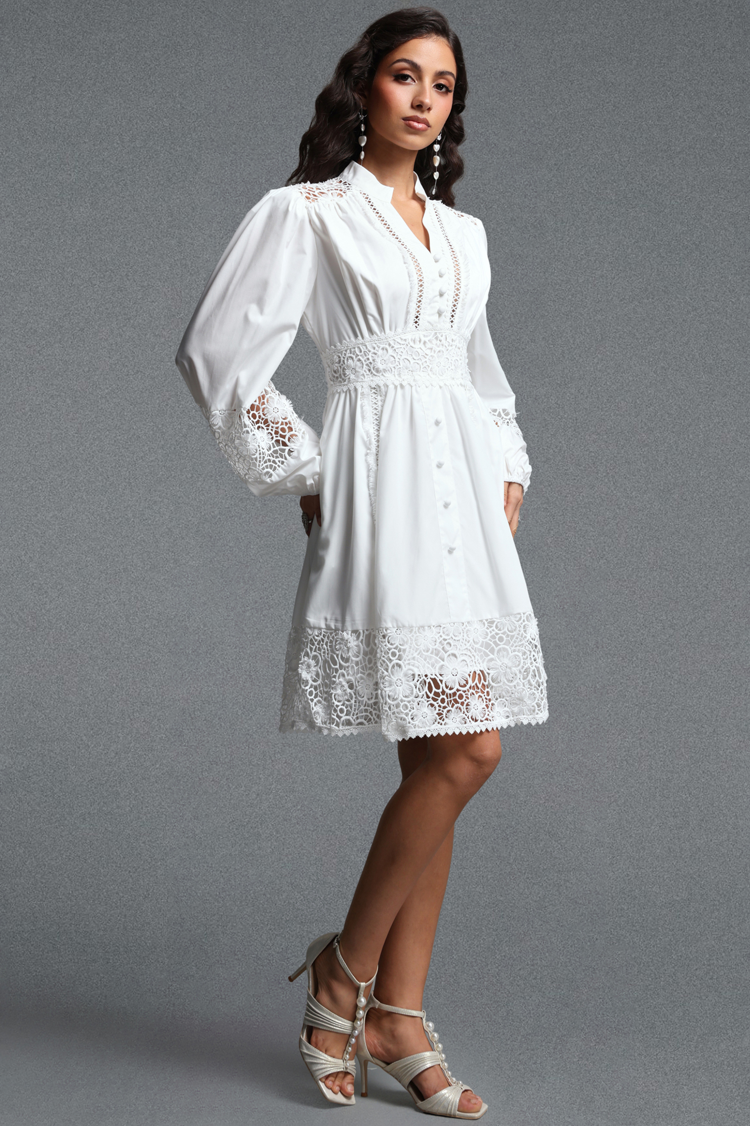 Yamaly Vintage Flowy Long Sleeve Floral Lace Trimmed Woven Mini Dress