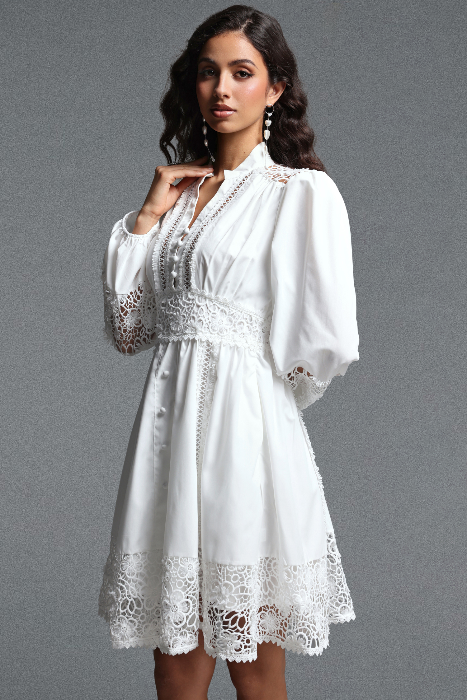 Yamaly Vintage Flowy Long Sleeve Floral Lace Trimmed Woven Mini Dress