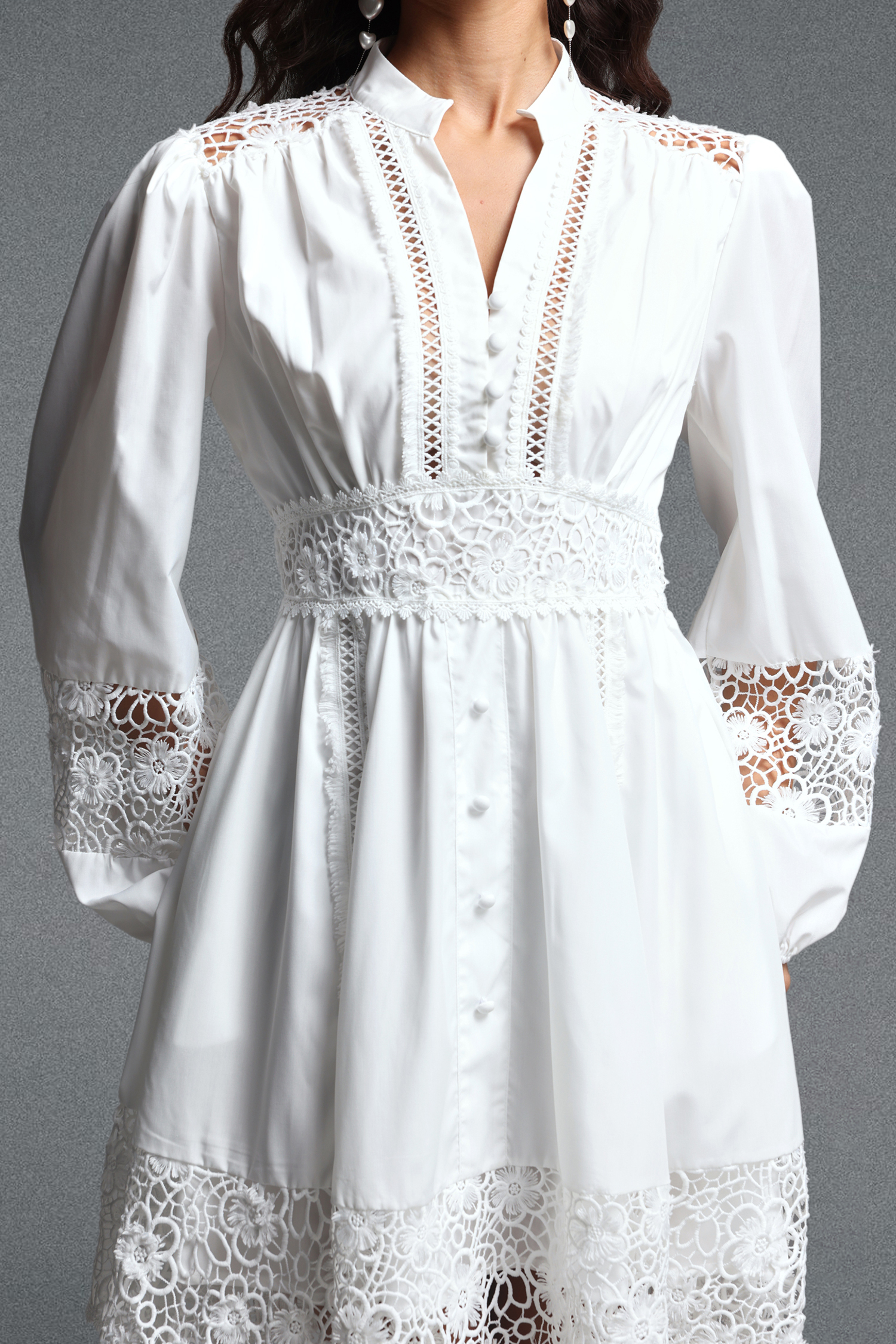 Yamaly Vintage Flowy Long Sleeve Floral Lace Trimmed Woven Mini Dress