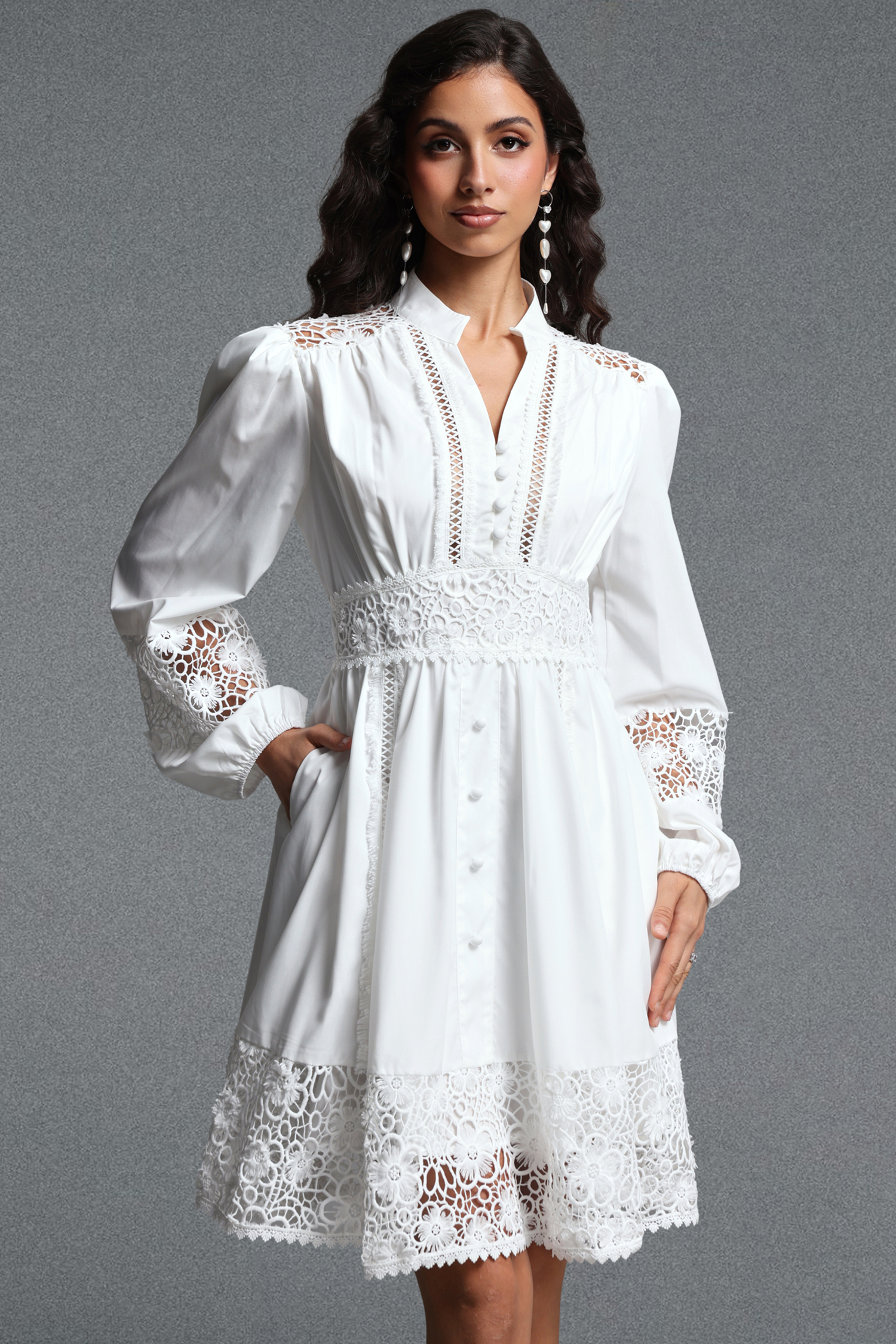 Yamaly Vintage Flowy Long Sleeve Floral Lace Trimmed Woven Mini Dress