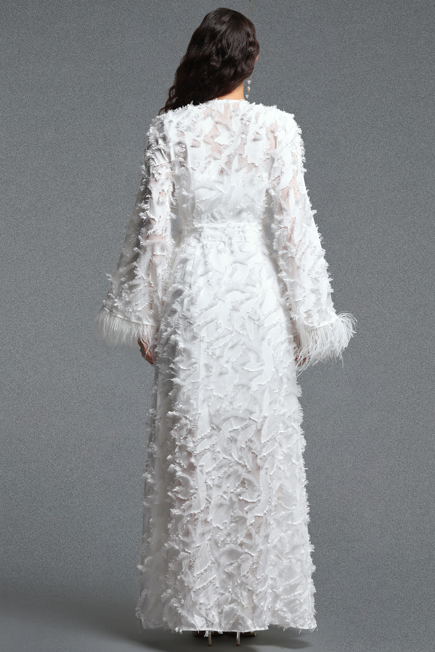 Kijin Vintage Flowy V Neck Long Sleeve Faux Feather‑Trimmed Side Floral Woven Maxi Dress