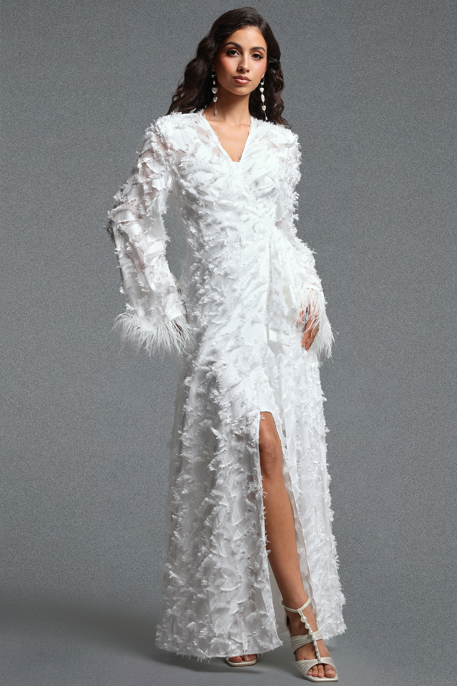 Kijin Vintage Flowy V Neck Long Sleeve Faux Feather‑Trimmed Side Floral Woven Maxi Dress