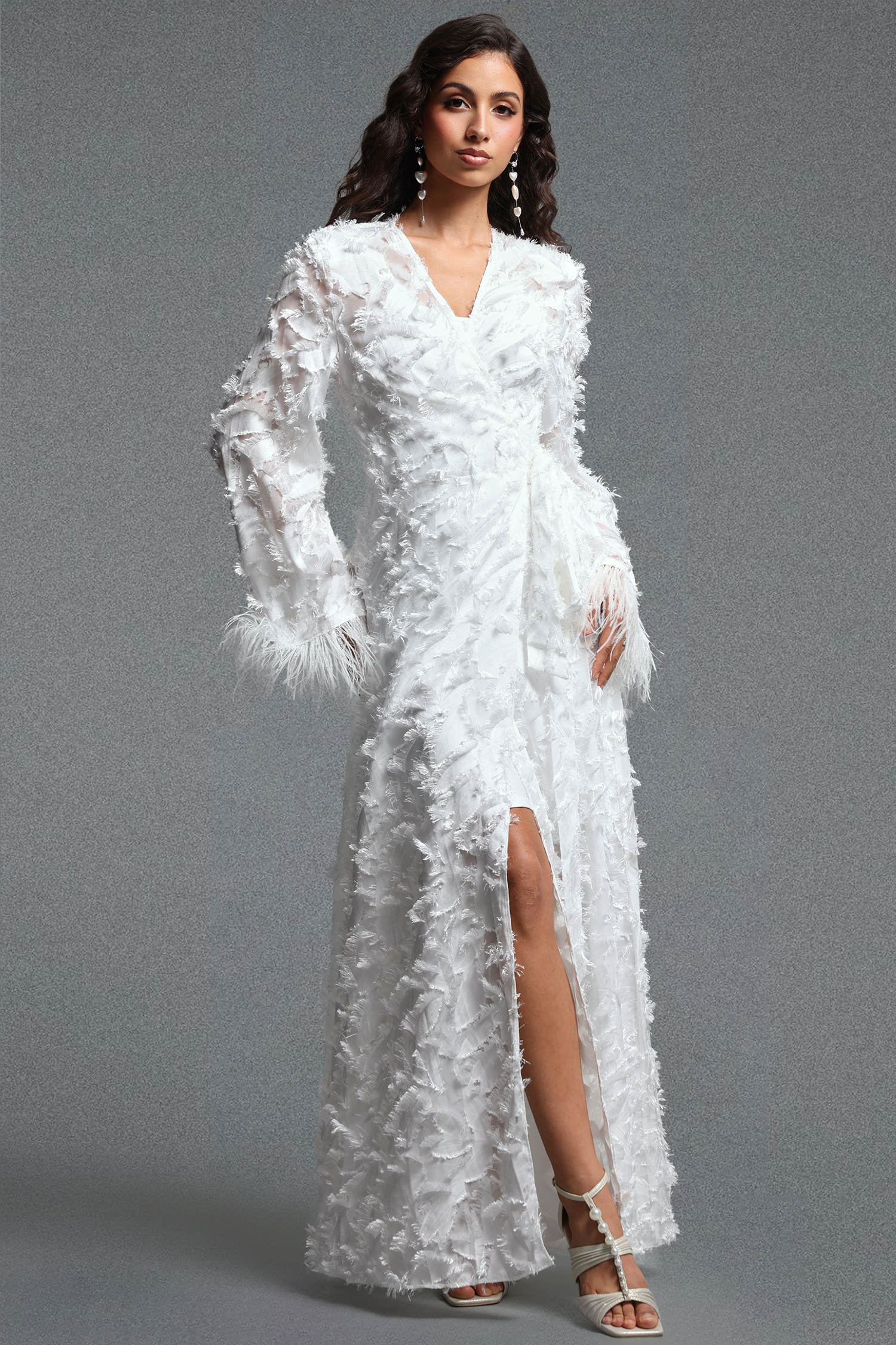 Kijin Vintage Flowy V Neck Long Sleeve Faux Feather‑Trimmed Side Floral Woven Maxi Dress