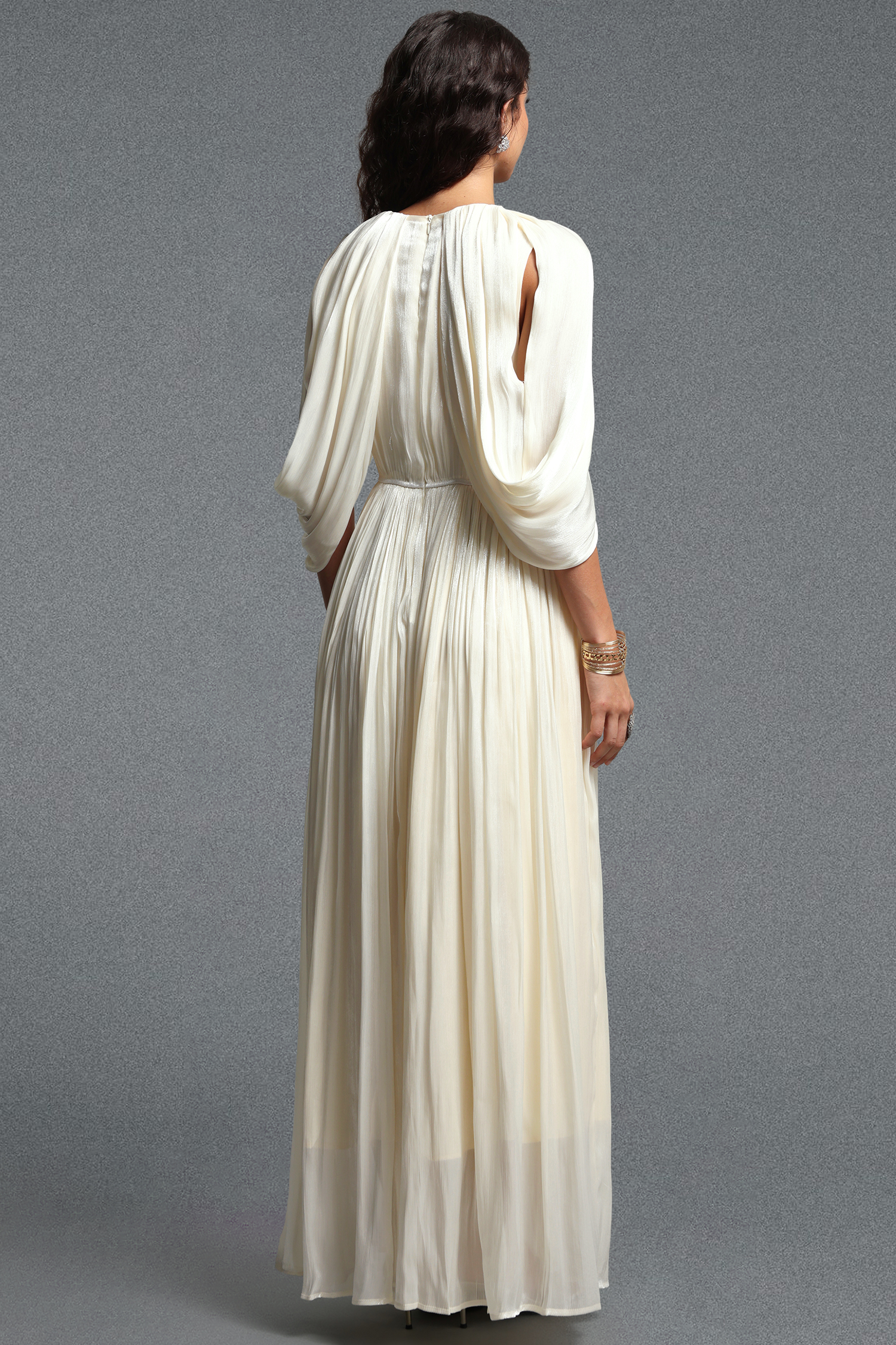 Mishell Romantic Flowy Cape Sleeve Rhinestone Shimmer Satin Maxi Dress
