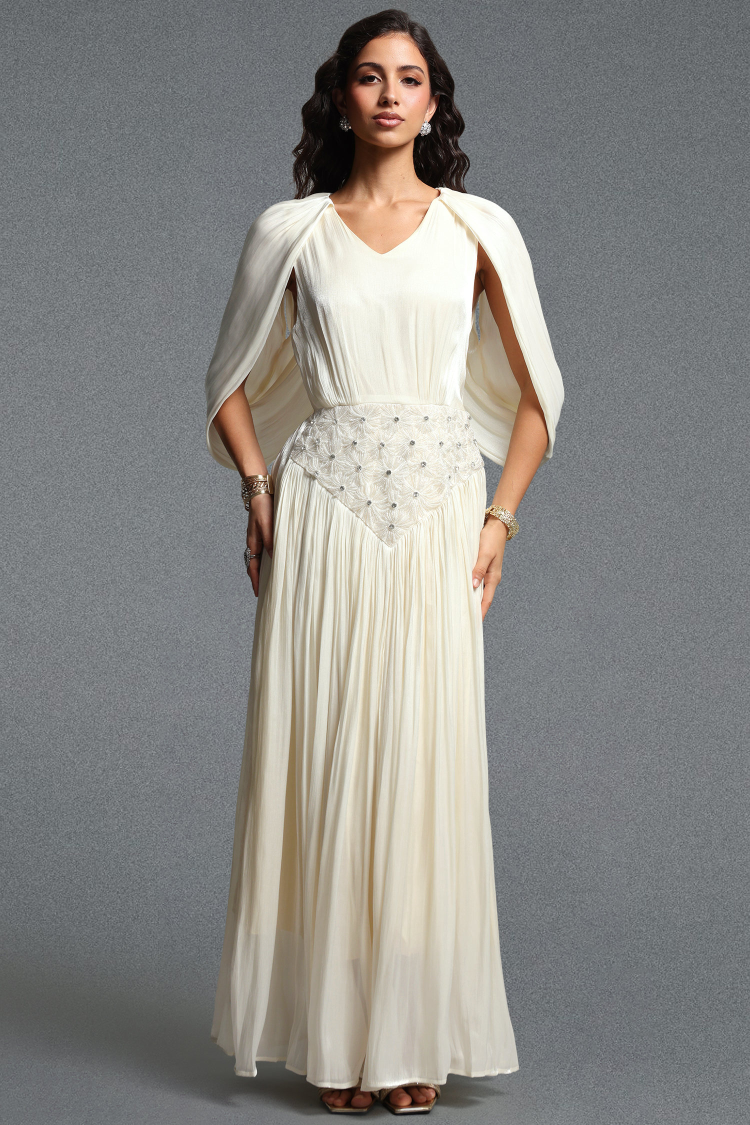 Mishell Romantic Flowy Cape Sleeve Rhinestone Shimmer Satin Maxi Dress