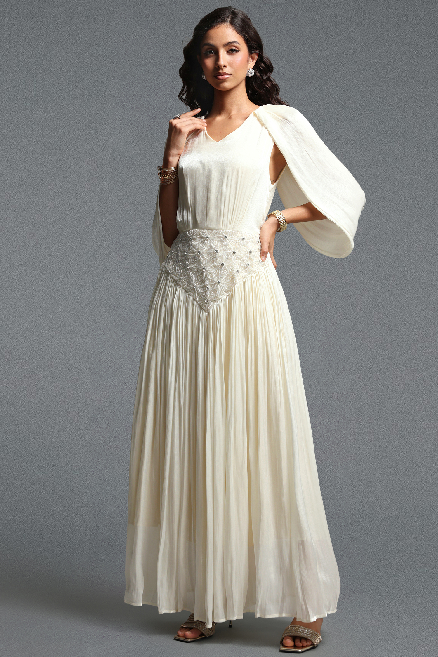 Mishell Romantic Flowy Cape Sleeve Rhinestone Shimmer Satin Maxi Dress