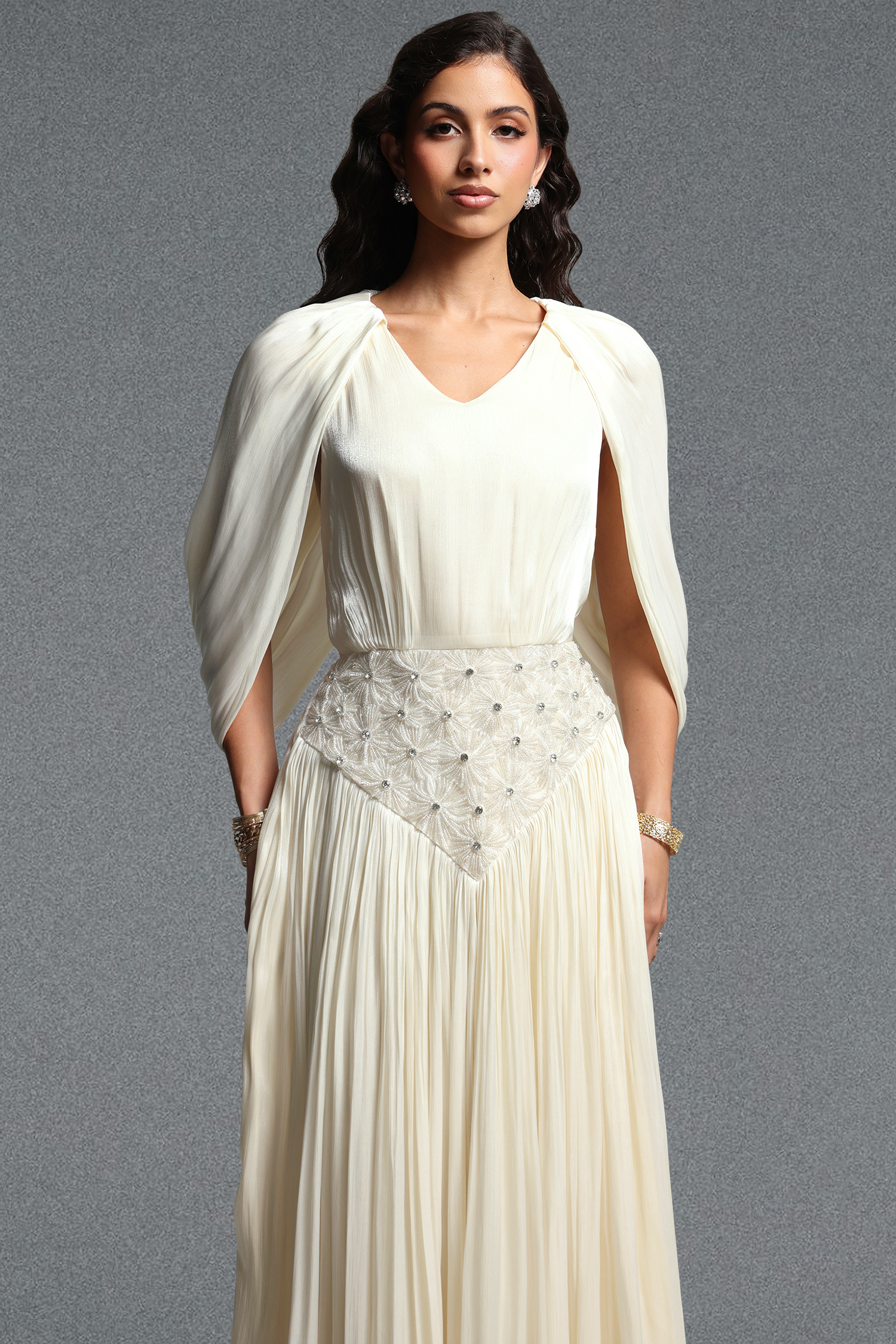 Mishell Romantic Flowy Cape Sleeve Rhinestone Shimmer Satin Maxi Dress