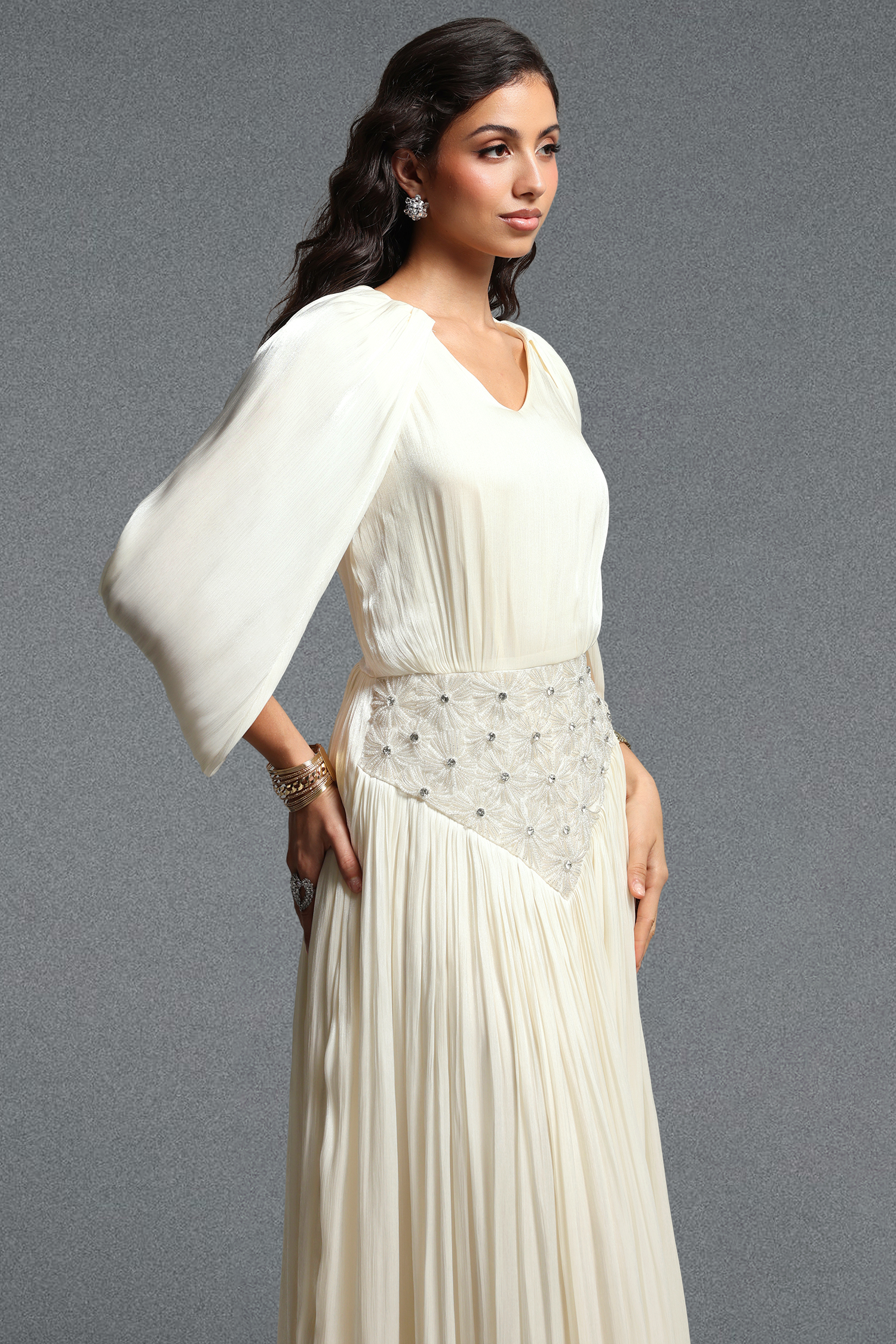 Mishell Romantic Flowy Cape Sleeve Rhinestone Shimmer Satin Maxi Dress