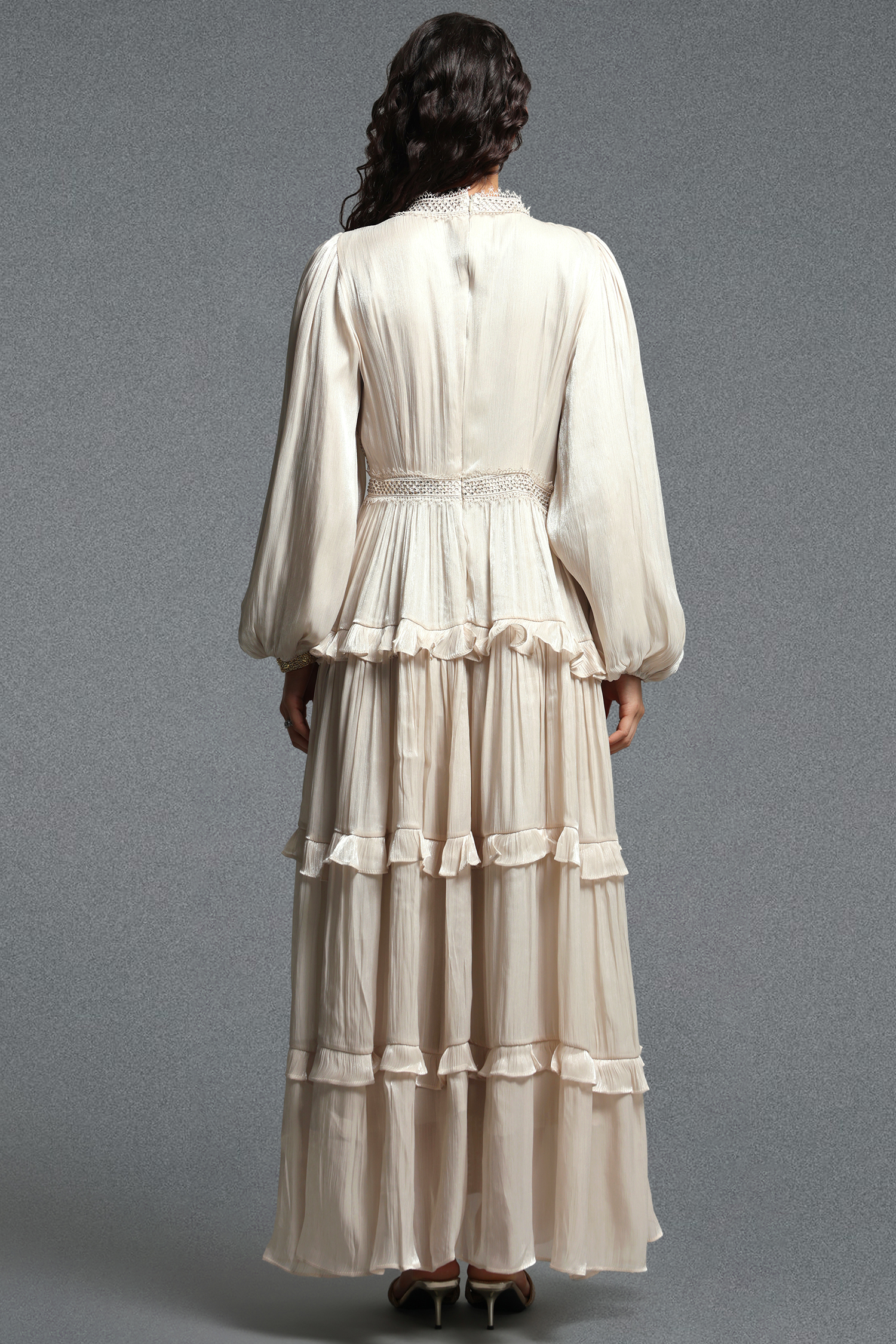 Ruthie Vintage Flowy Long Sleeve Ruffle Shimmer Satin Maxi Dress