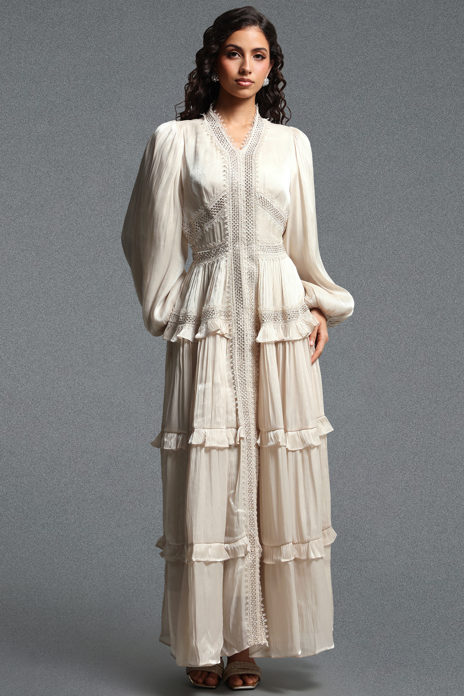 Ruthie Vintage Flowy Long Sleeve Ruffle Shimmer Satin Maxi Dress