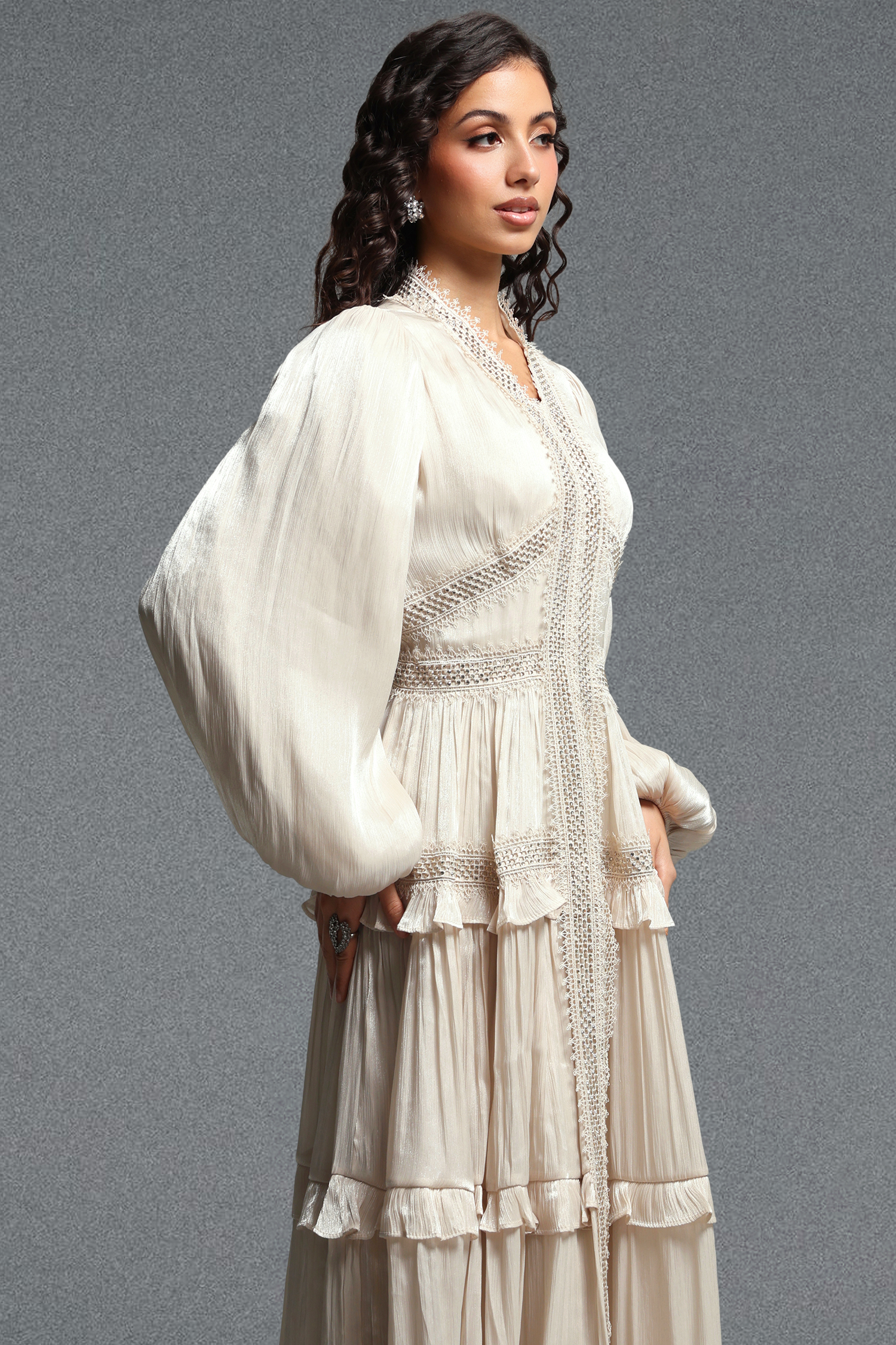Ruthie Vintage Flowy Long Sleeve Ruffle Shimmer Satin Maxi Dress