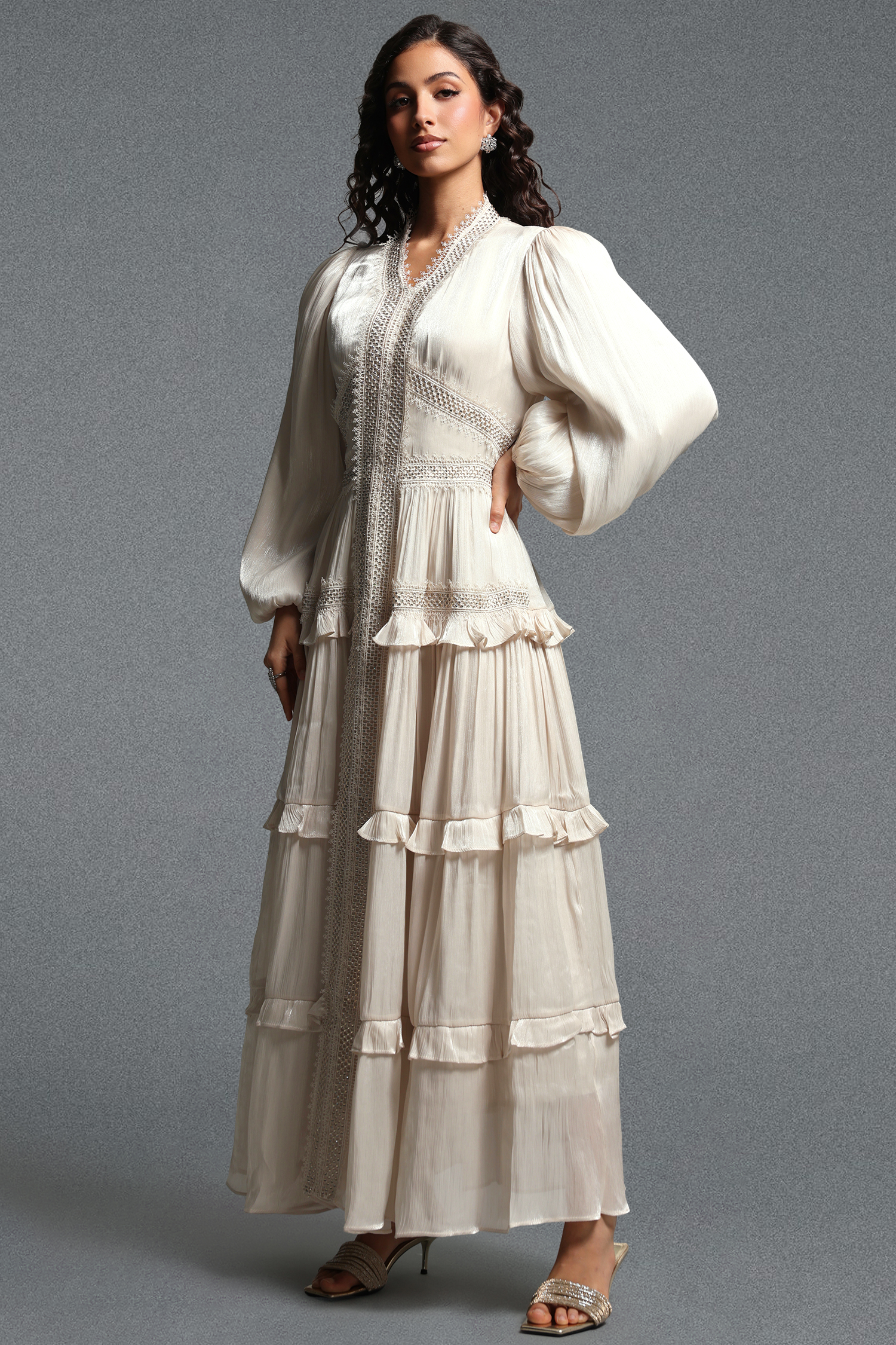 Ruthie Vintage Flowy Long Sleeve Ruffle Shimmer Satin Maxi Dress