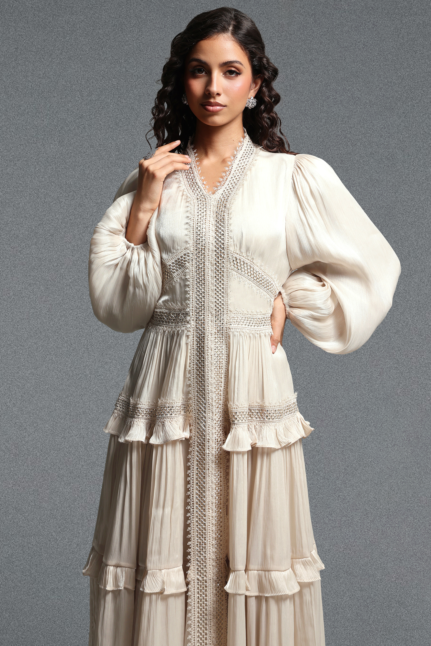 Ruthie Vintage Flowy Long Sleeve Ruffle Shimmer Satin Maxi Dress