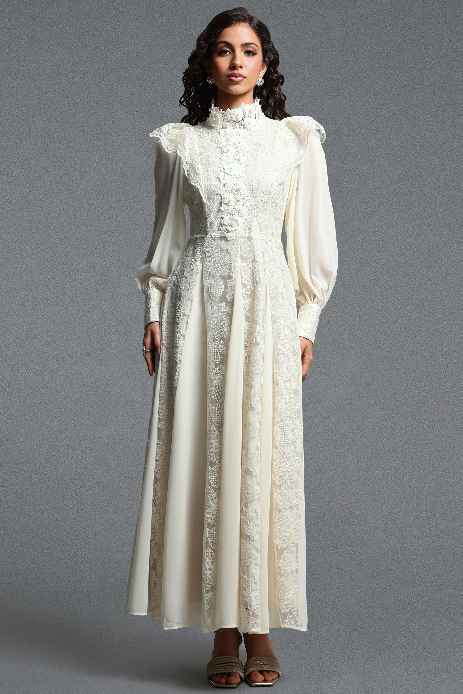 Qerly Resort Flowy Long Sleeve Ruffle Floral Woven Maxi Dress