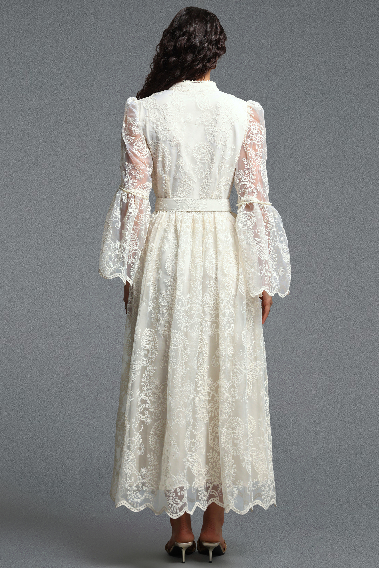 Lumo Romantic Flowy Long Sleeve Ruffle Paisley Embroidered Woven Maxi Dress