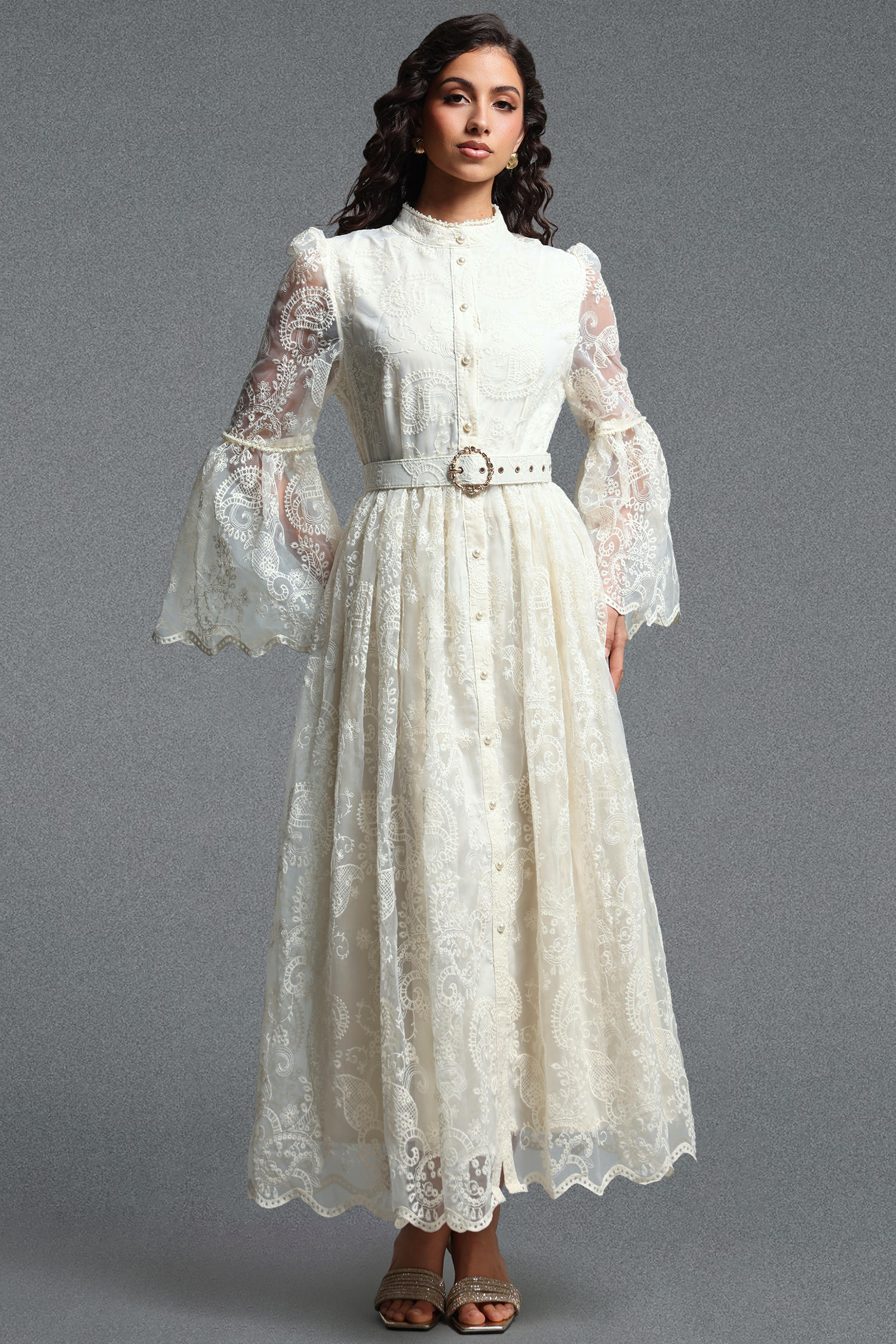 Lumo Romantic Flowy Long Sleeve Ruffle Paisley Embroidered Woven Maxi Dress