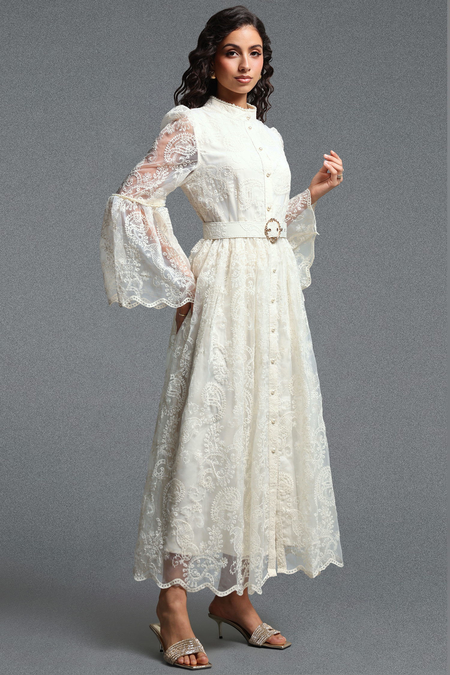 Lumo Romantic Flowy Long Sleeve Ruffle Paisley Embroidered Woven Maxi Dress