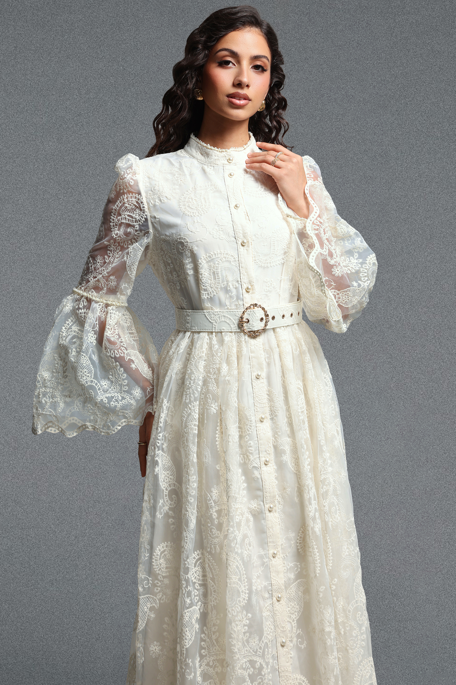 Lumo Romantic Flowy Long Sleeve Ruffle Paisley Embroidered Woven Maxi Dress