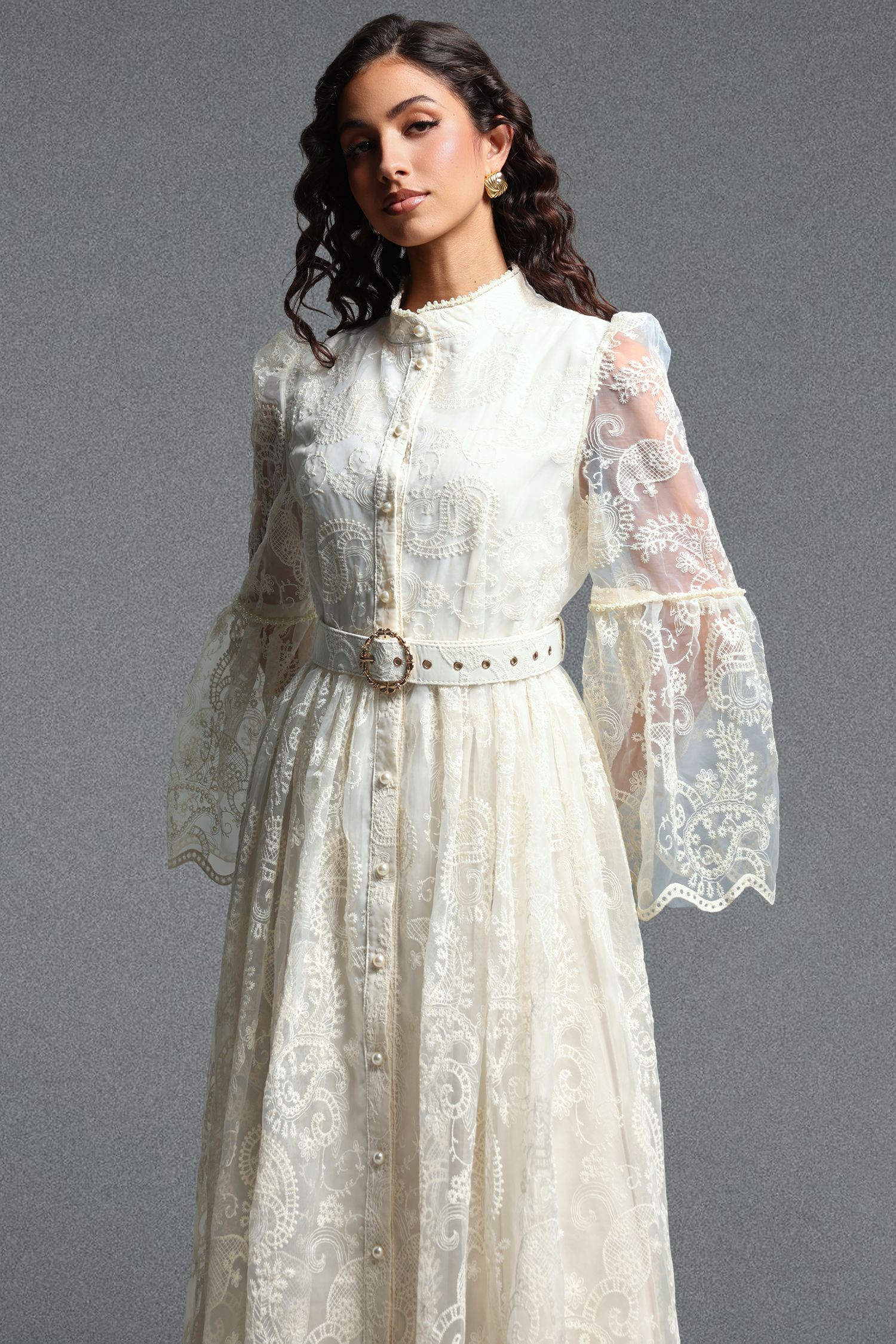Lumo Romantic Flowy Long Sleeve Ruffle Paisley Embroidered Woven Maxi Dress
