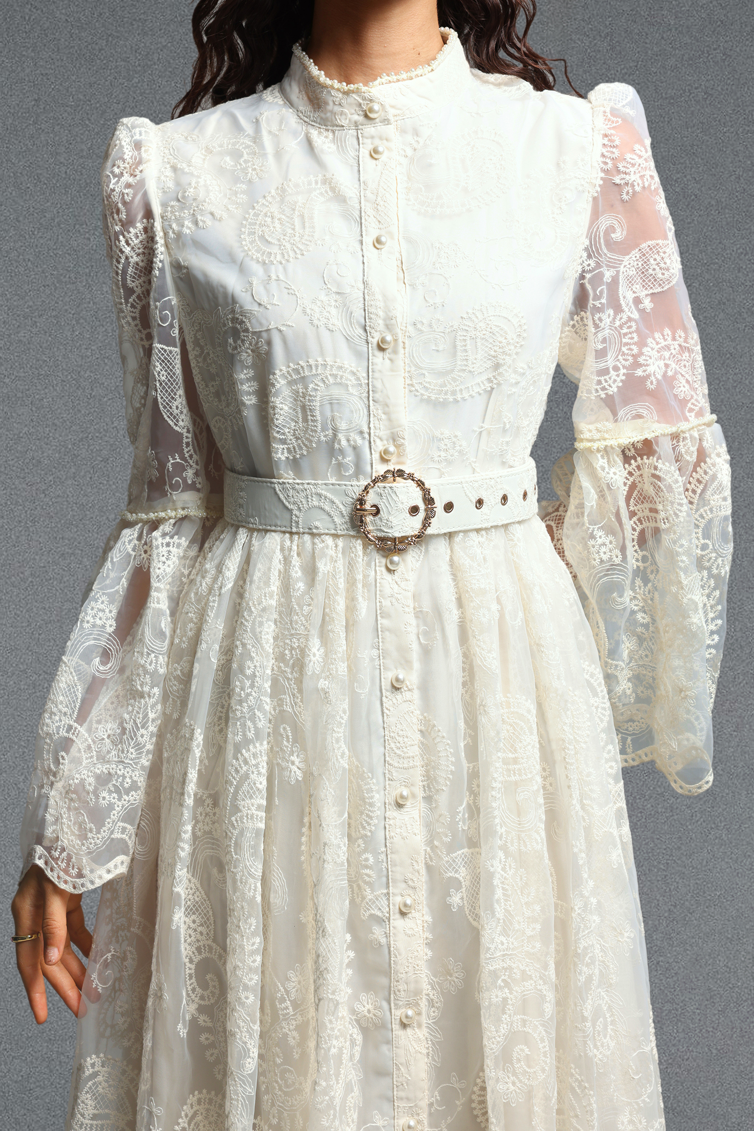Lumo Romantic Flowy Long Sleeve Ruffle Paisley Embroidered Woven Maxi Dress
