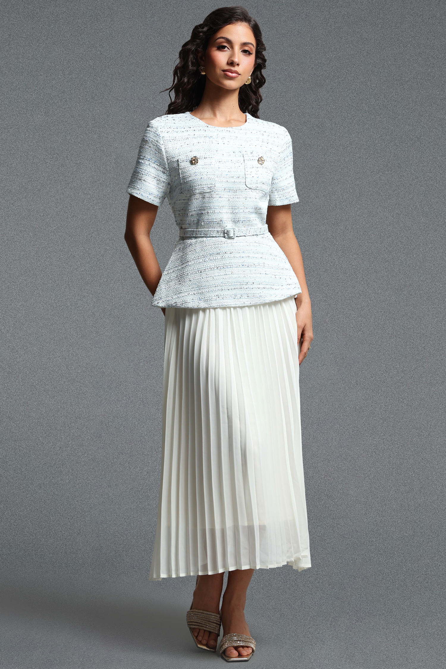 Sequoya Classic Tailored Short Sleeve Tweed Maxi Dress