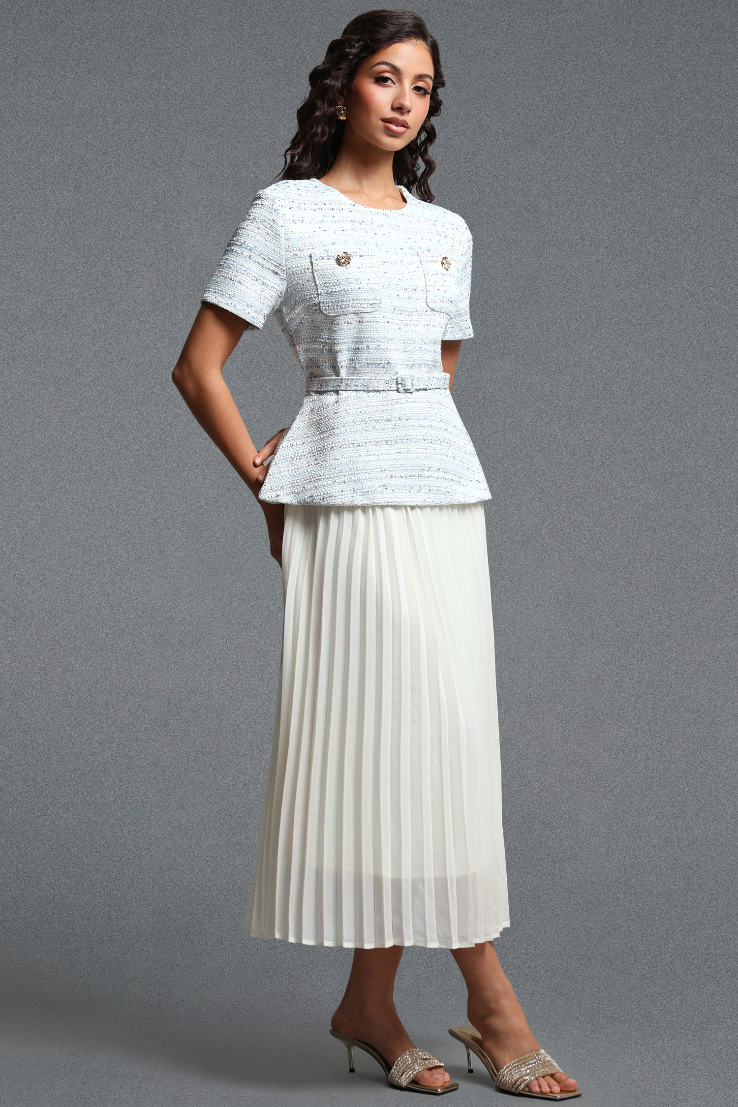 Sequoya Classic Tailored Short Sleeve Tweed Maxi Dress