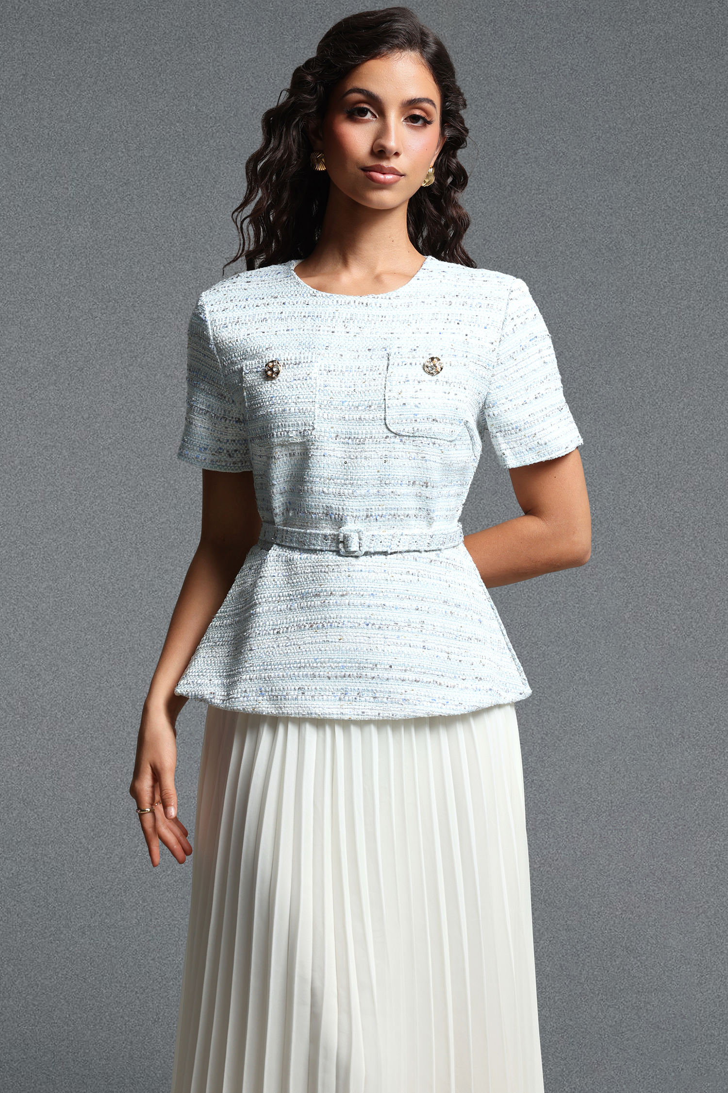 Sequoya Classic Tailored Short Sleeve Tweed Maxi Dress