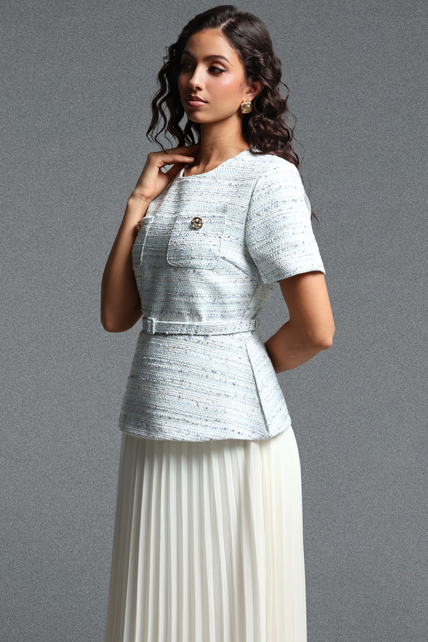 Sequoya Classic Tailored Short Sleeve Tweed Maxi Dress