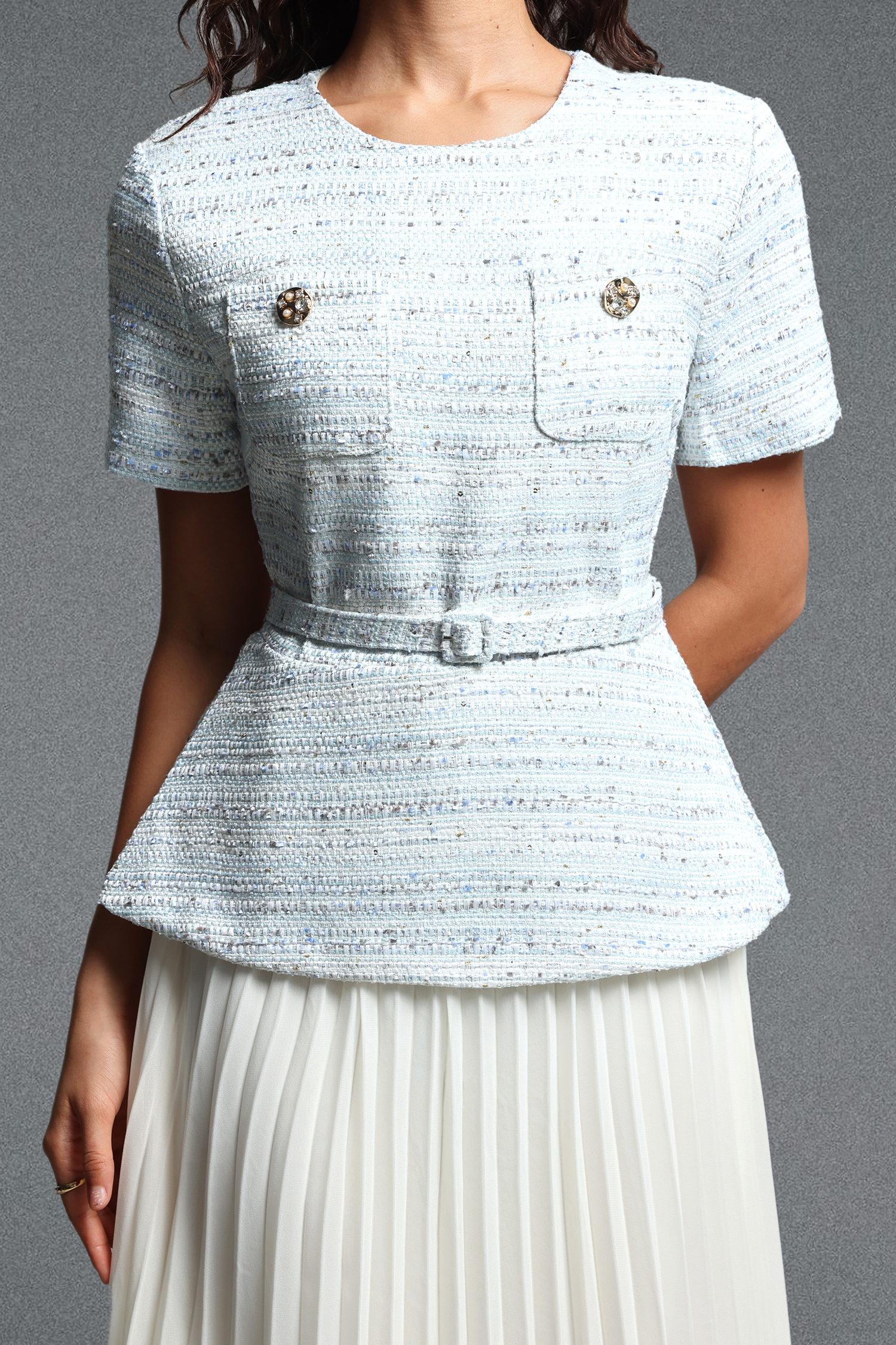 Sequoya Classic Tailored Short Sleeve Tweed Maxi Dress