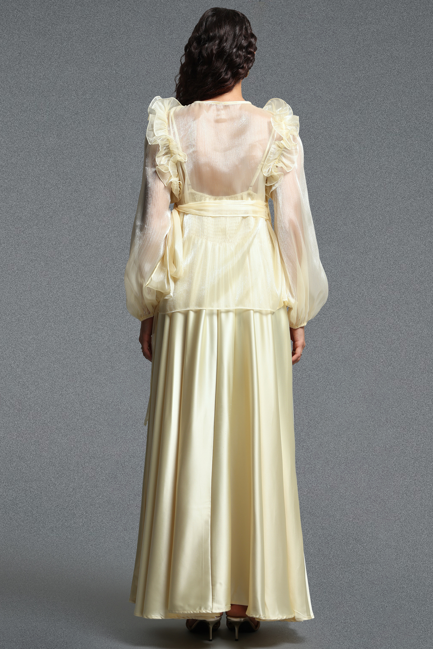 Viaya Romantic Flowy Long Sleeve Ruffle Shimmer Satin Maxi Dress