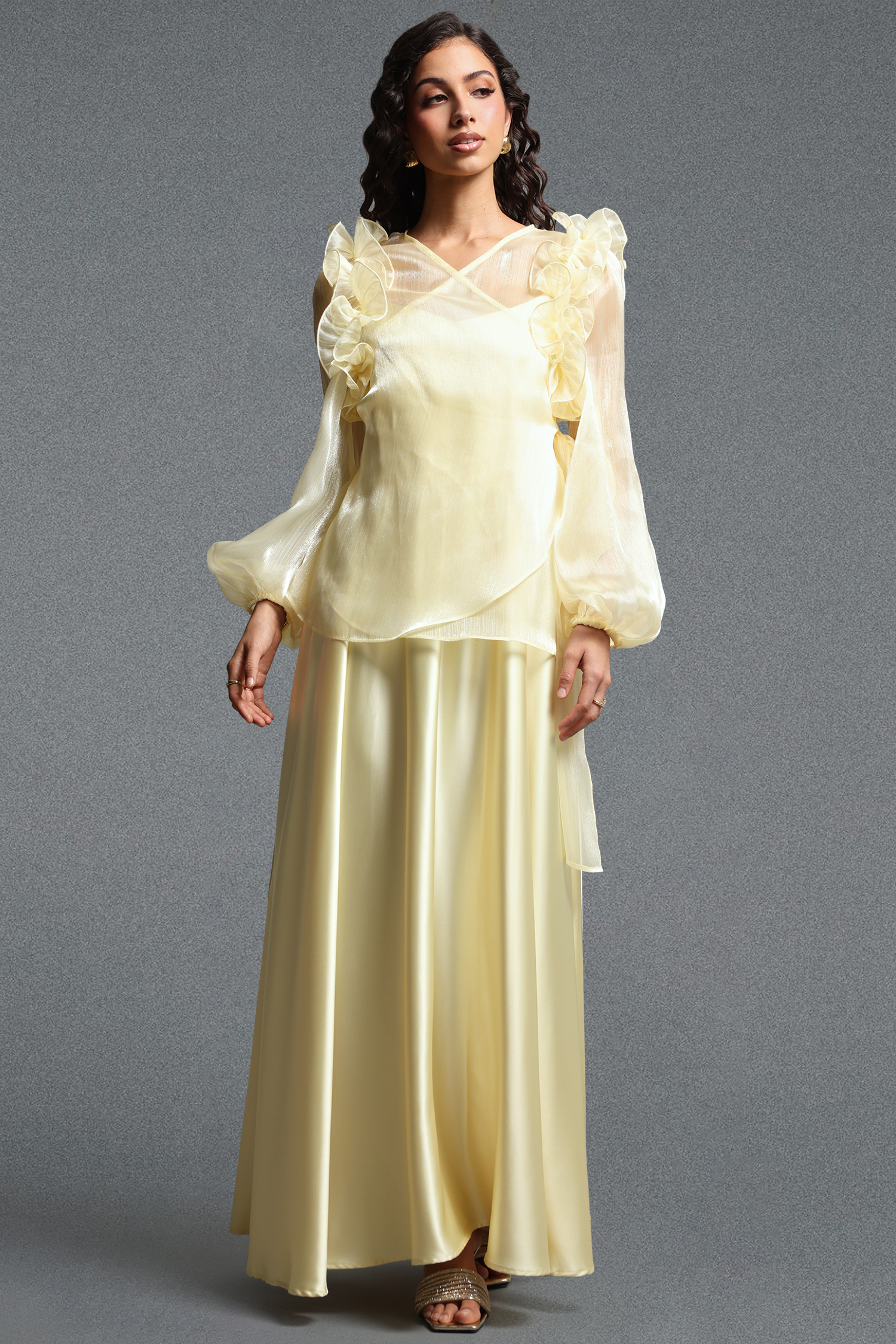 Viaya Romantic Flowy Long Sleeve Ruffle Shimmer Satin Maxi Dress