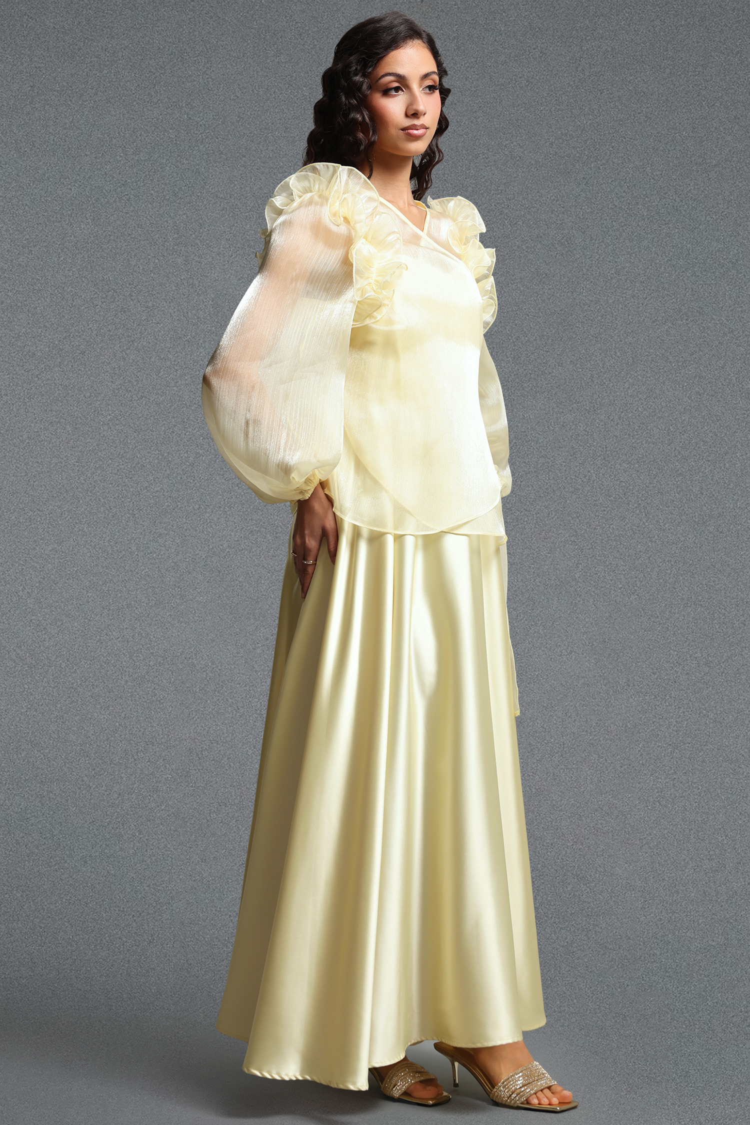 Viaya Romantic Flowy Long Sleeve Ruffle Shimmer Satin Maxi Dress