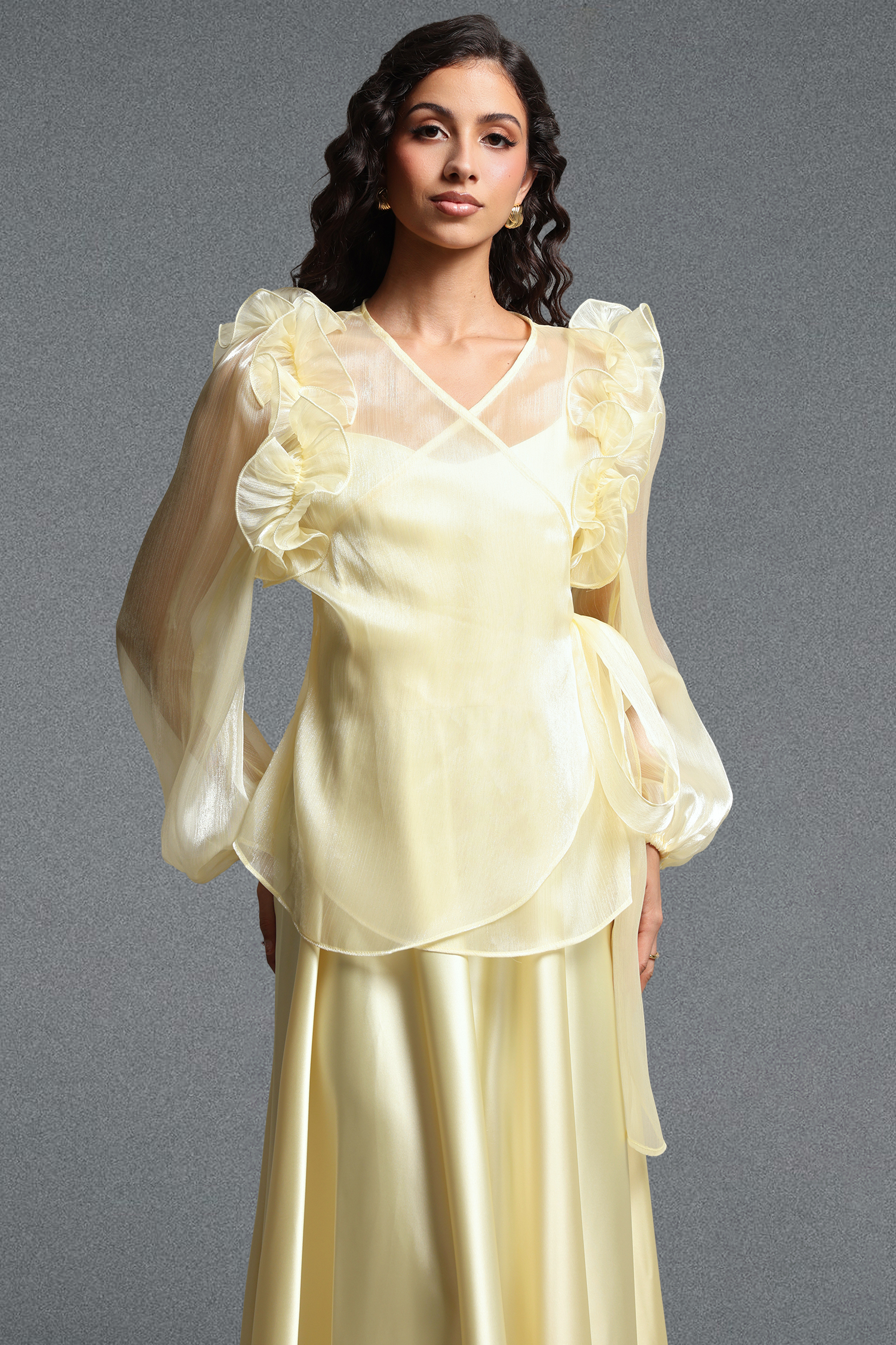 Viaya Romantic Flowy Long Sleeve Ruffle Shimmer Satin Maxi Dress