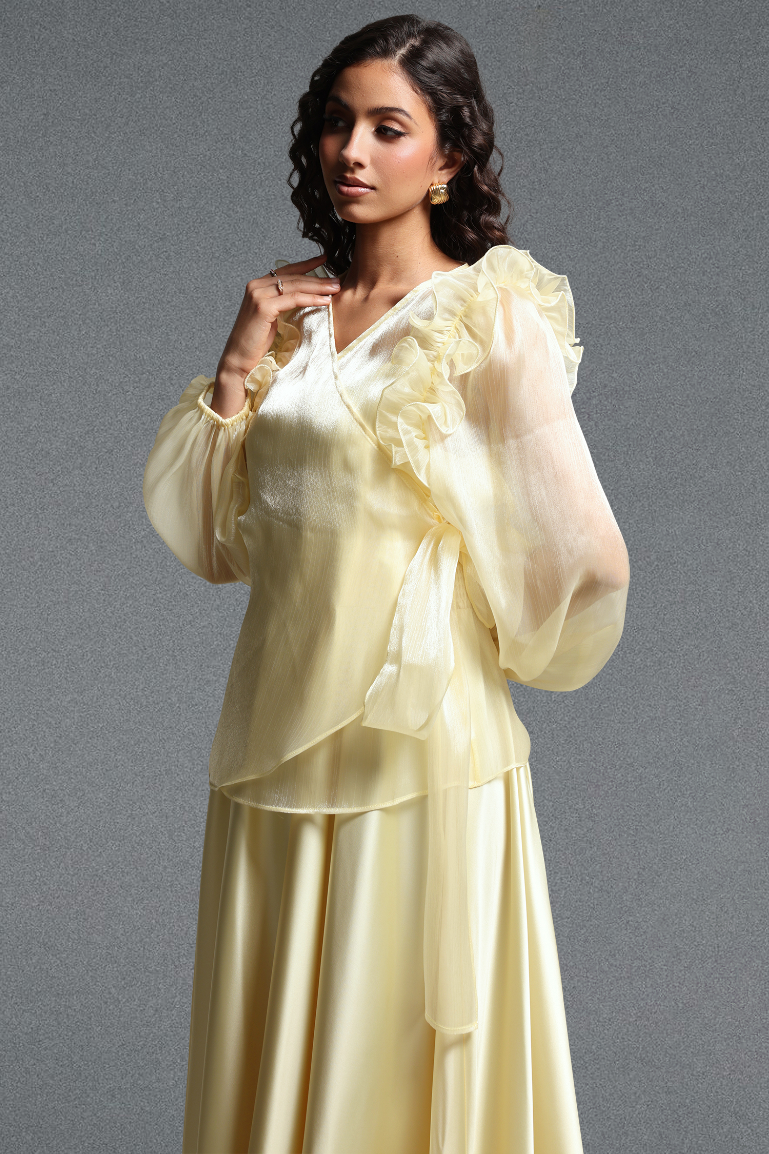 Viaya Romantic Flowy Long Sleeve Ruffle Shimmer Satin Maxi Dress