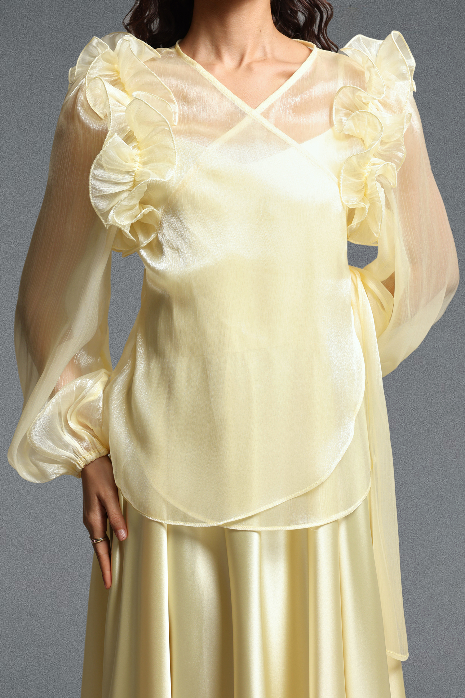 Viaya Romantic Flowy Long Sleeve Ruffle Shimmer Satin Maxi Dress