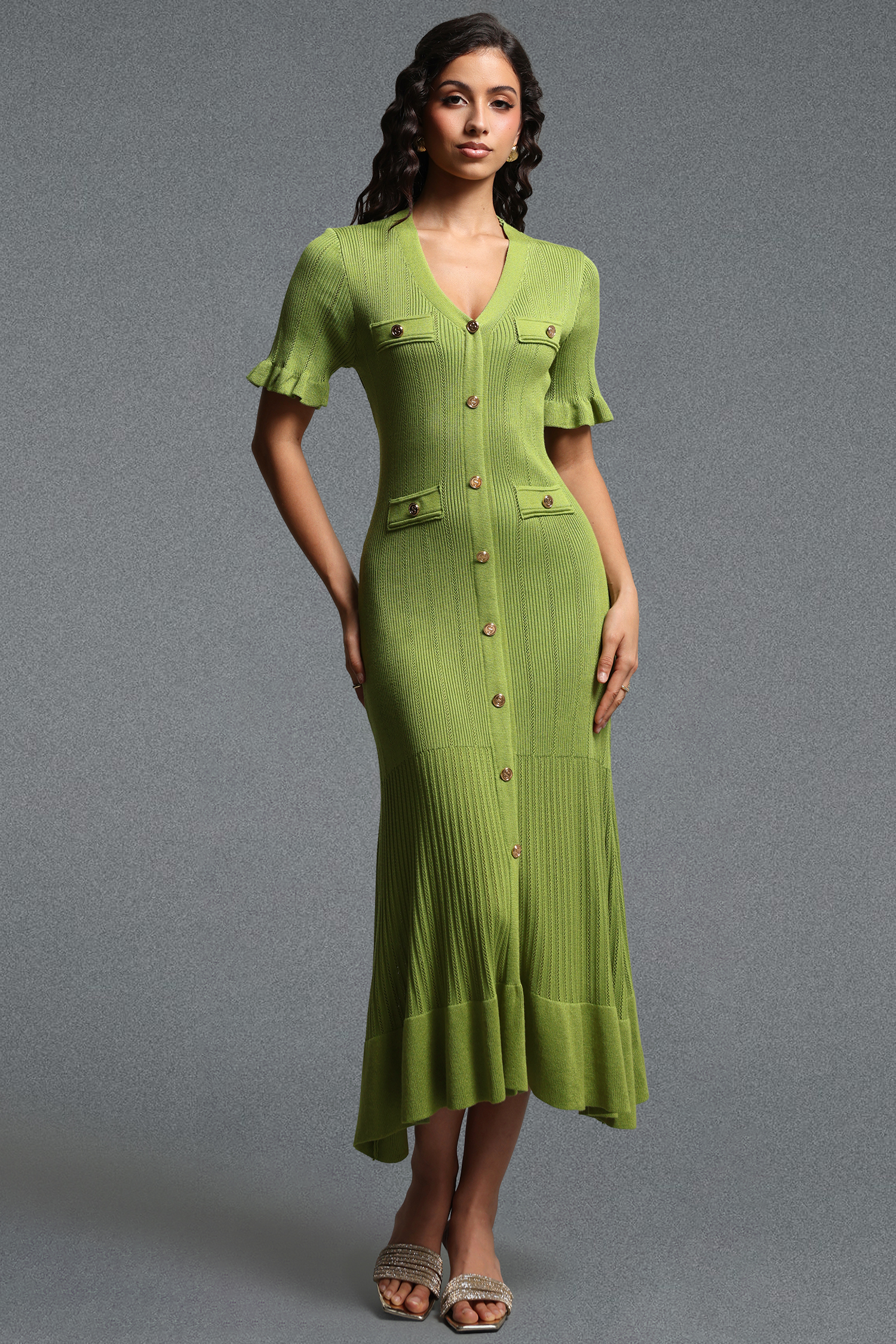 Lala Vintage Contour Short Sleeve Ruffle Knit Maxi Dress