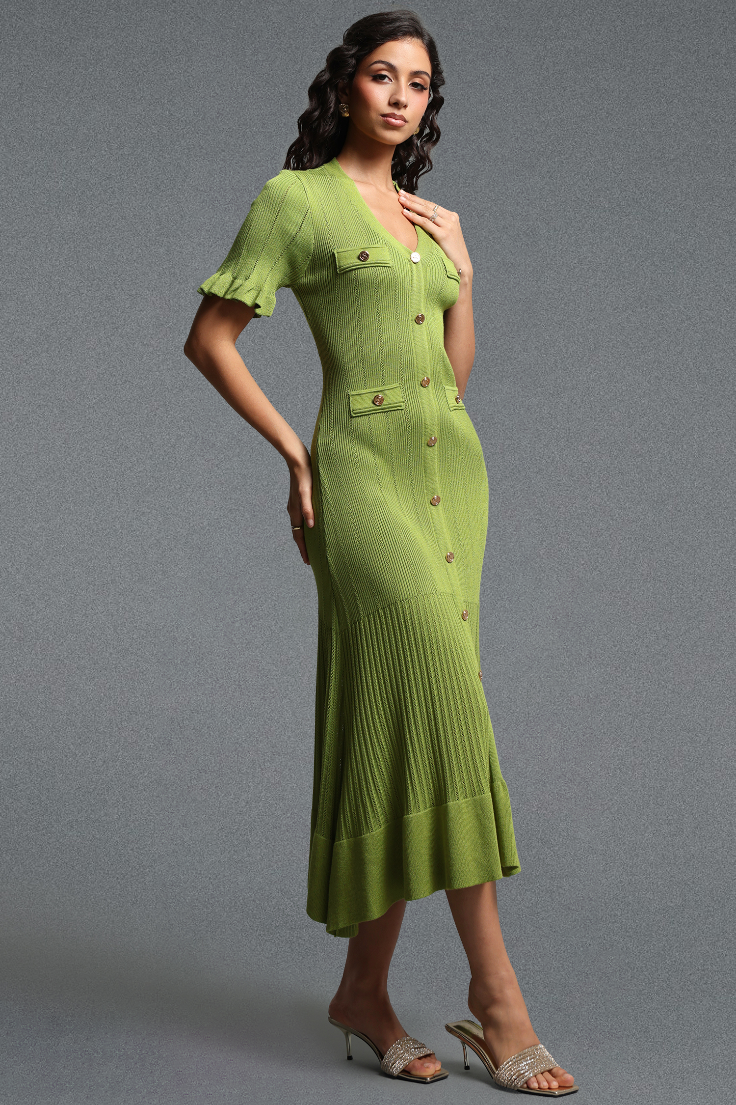 Lala Vintage Contour Short Sleeve Ruffle Knit Maxi Dress