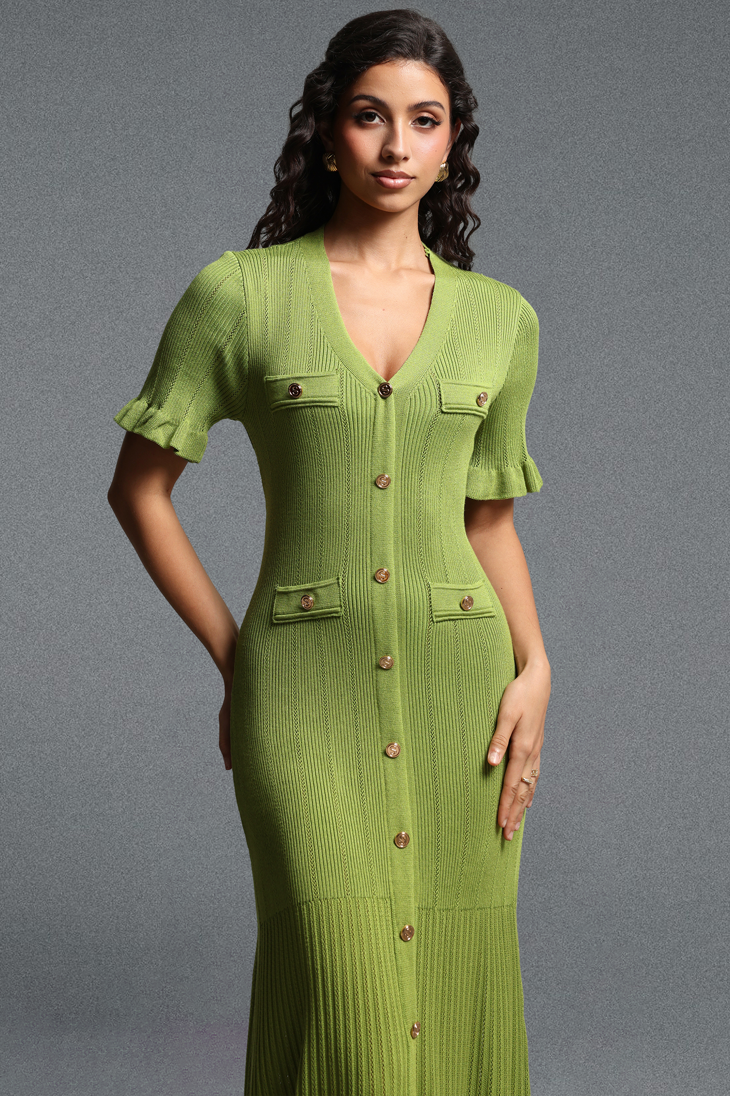 Lala Vintage Contour Short Sleeve Ruffle Knit Maxi Dress