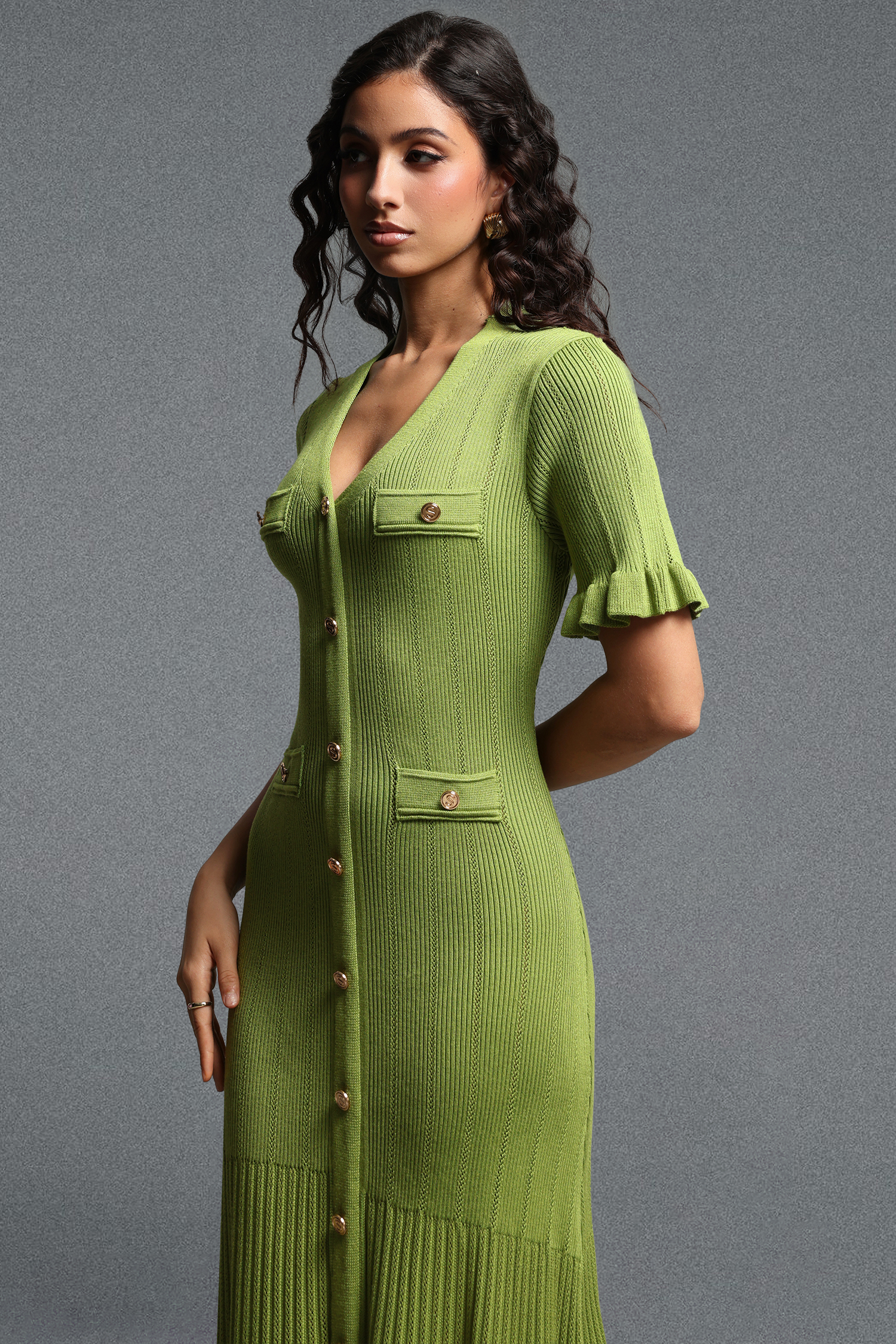 Lala Vintage Contour Short Sleeve Ruffle Knit Maxi Dress