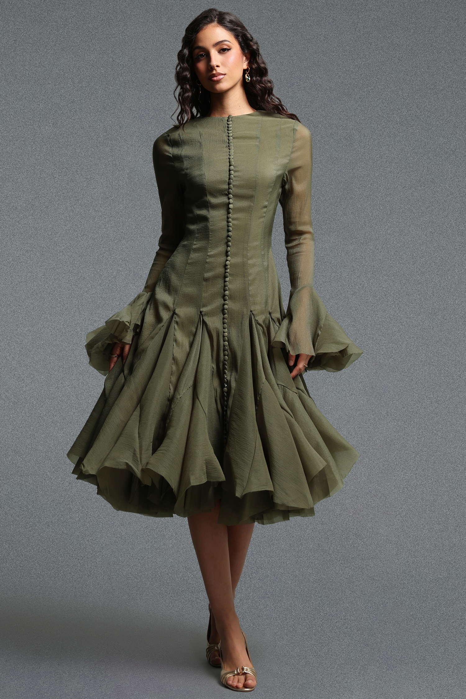 Winnie Long Sleeves Folds Green Midi Dress