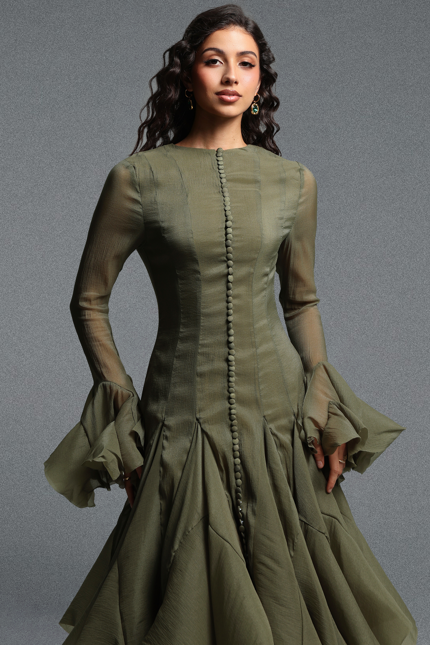 Winnie Long Sleeves Folds Green Midi Dress