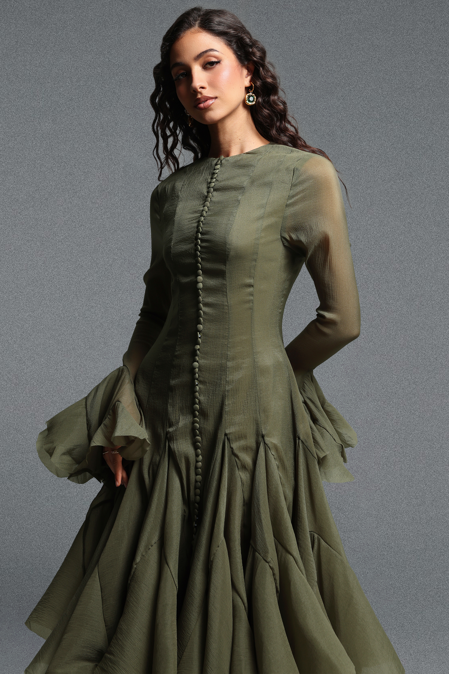 Winnie Long Sleeves Folds Green Midi Dress