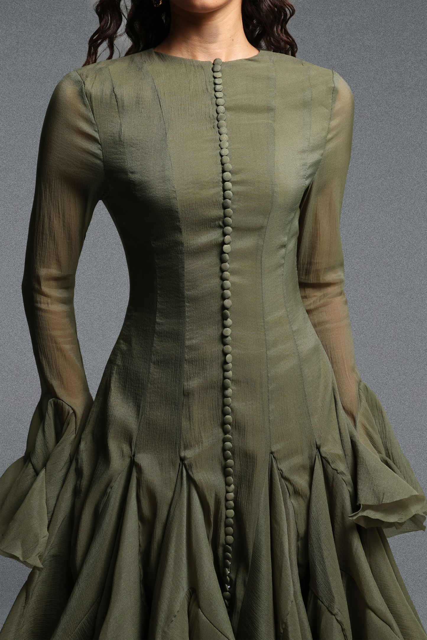 Winnie Long Sleeves Folds Green Midi Dress