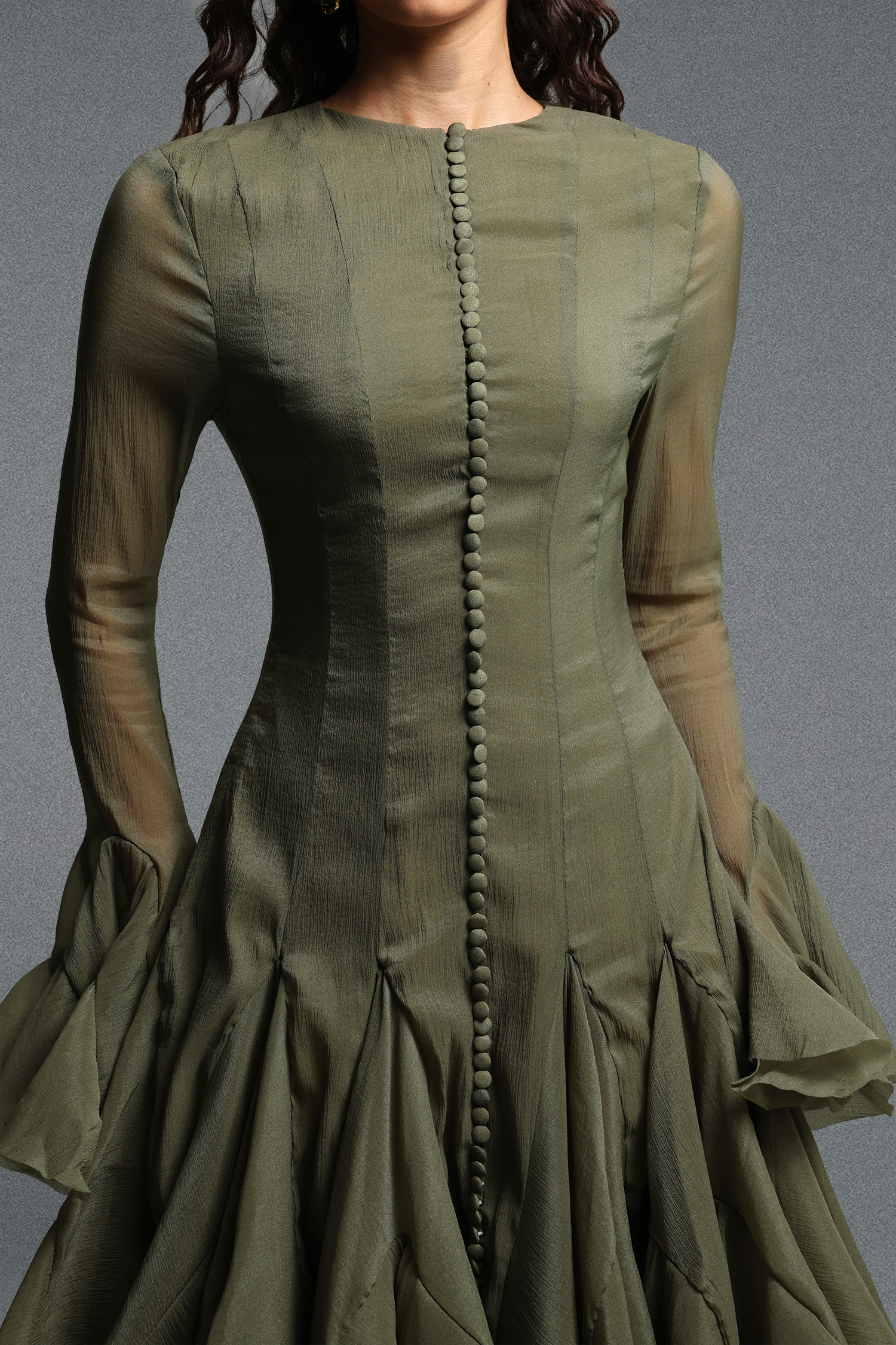 Winnie Long Sleeves Folds Green Midi Dress