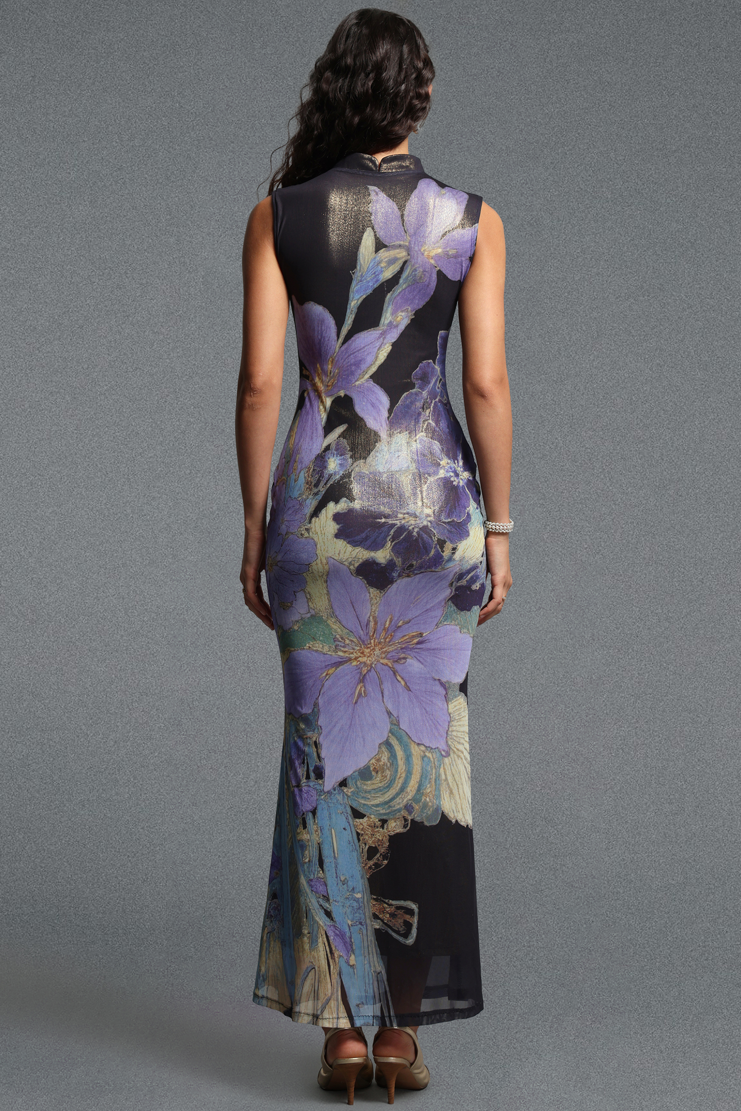 Lydda Vintage Contour Sleeveless Floral Print Mesh Maxi Dress