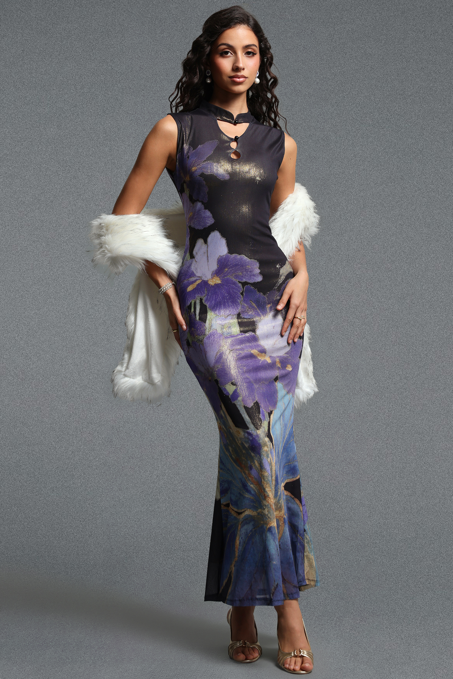 Lydda Vintage Contour Sleeveless Floral Print Mesh Maxi Dress