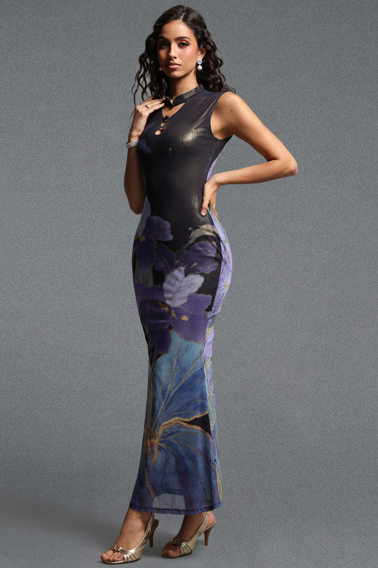 Lydda Vintage Contour Sleeveless Floral Print Mesh Maxi Dress