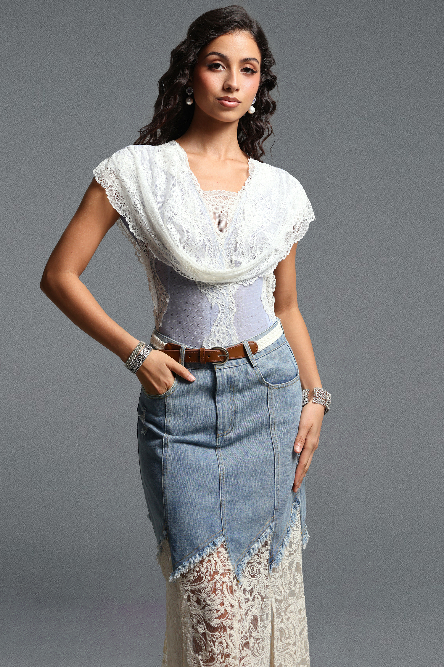 Salama Chic Tailored Lace Trimmed Bodysuit Or Skirt