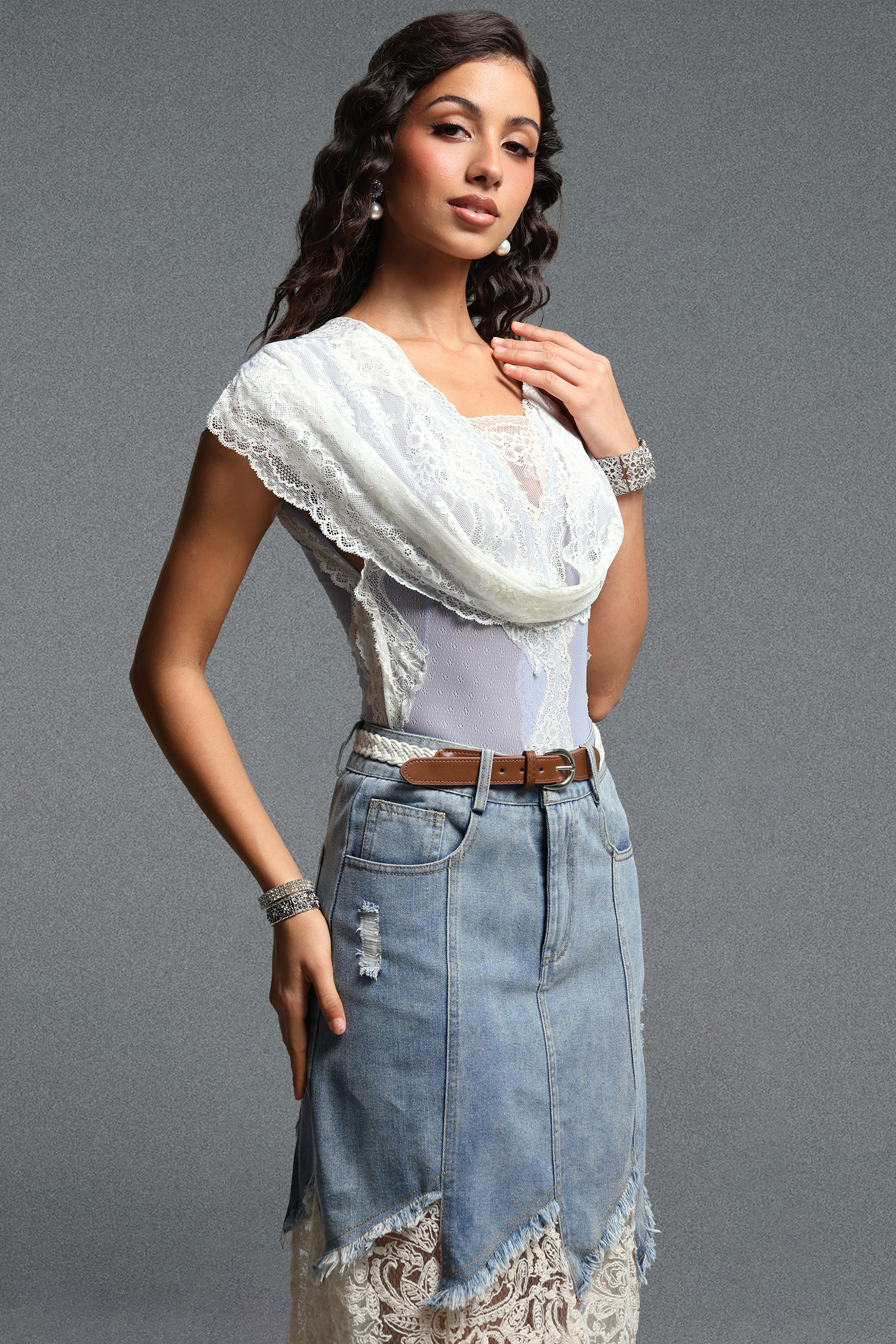 Salama Chic Tailored Lace Trimmed Bodysuit Or Skirt