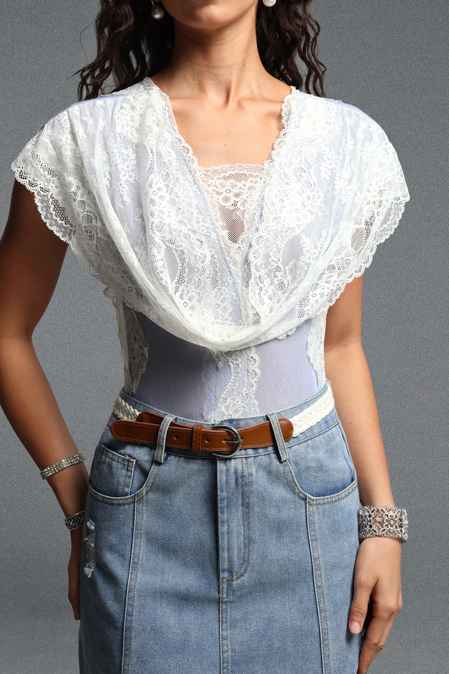 Salama Chic Tailored Lace Trimmed Bodysuit Or Skirt